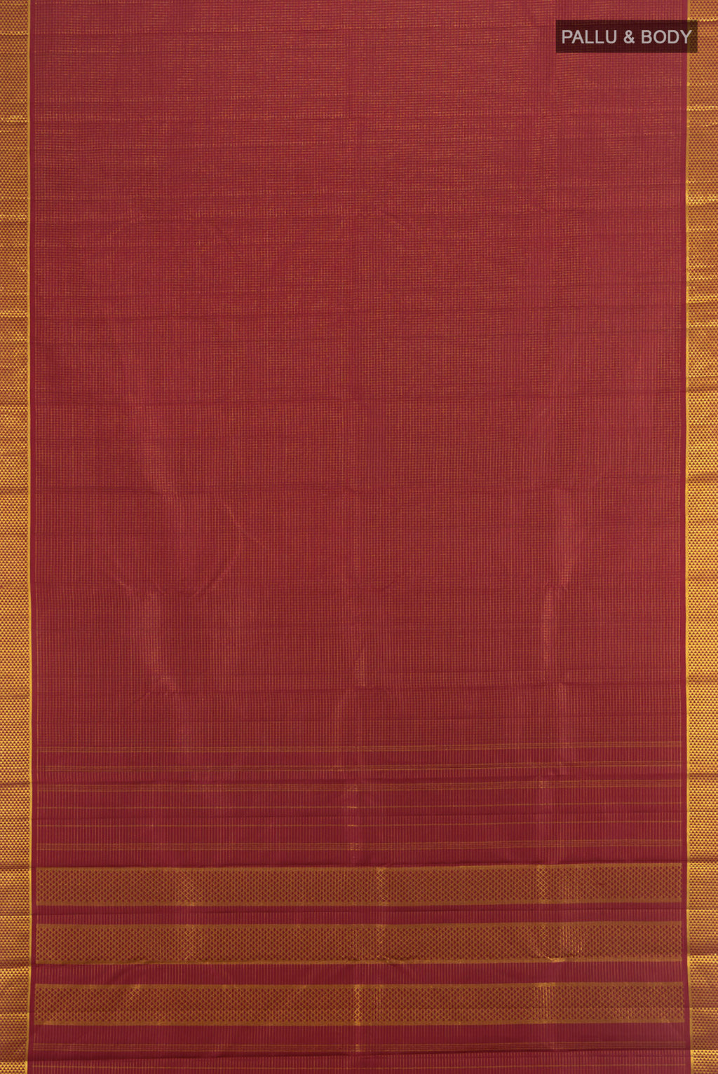 Flat view of Maroon Kanchipuram Silk Saree with Checked design on the body and Zari Border. 