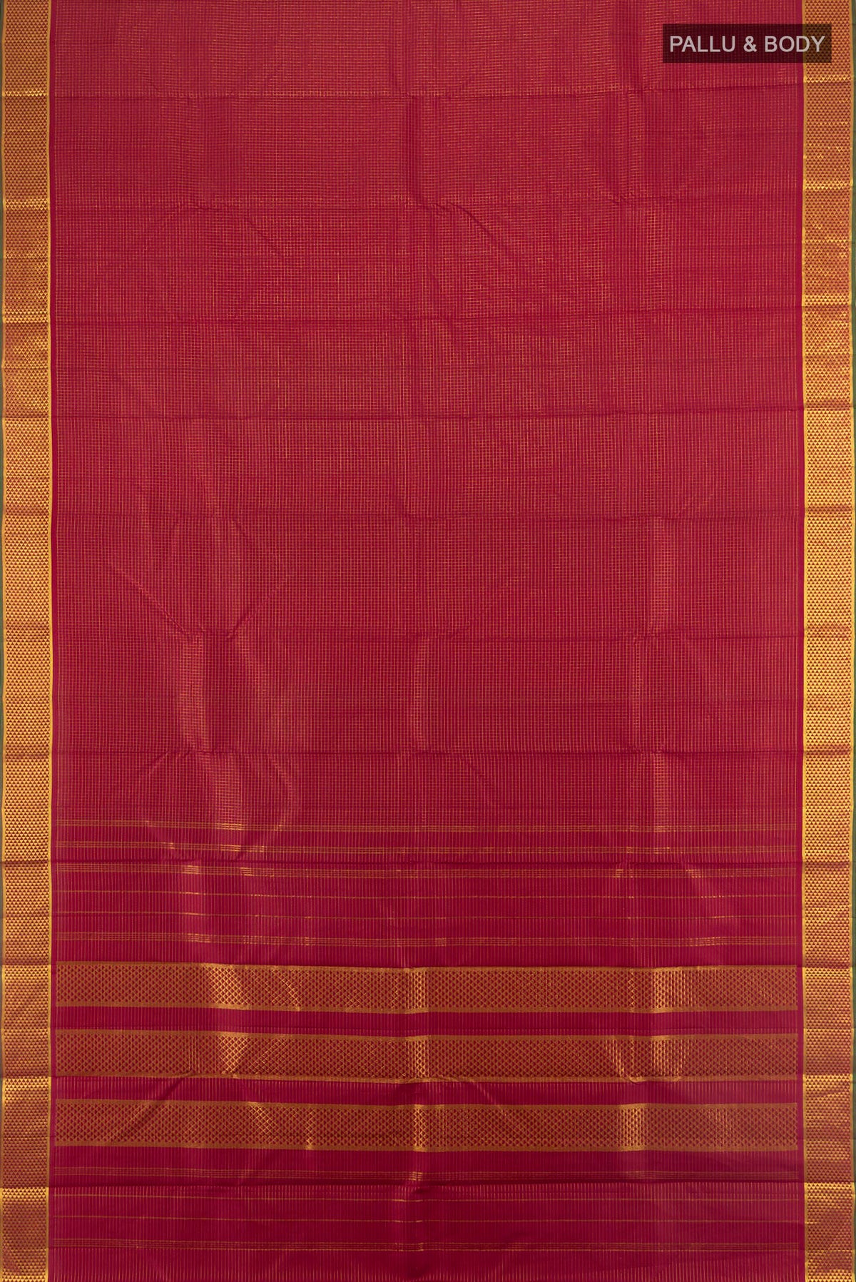 Flat view of Pure Silk Maroon Kanchipuram Saree with Checked design on the body and Zari Border. 