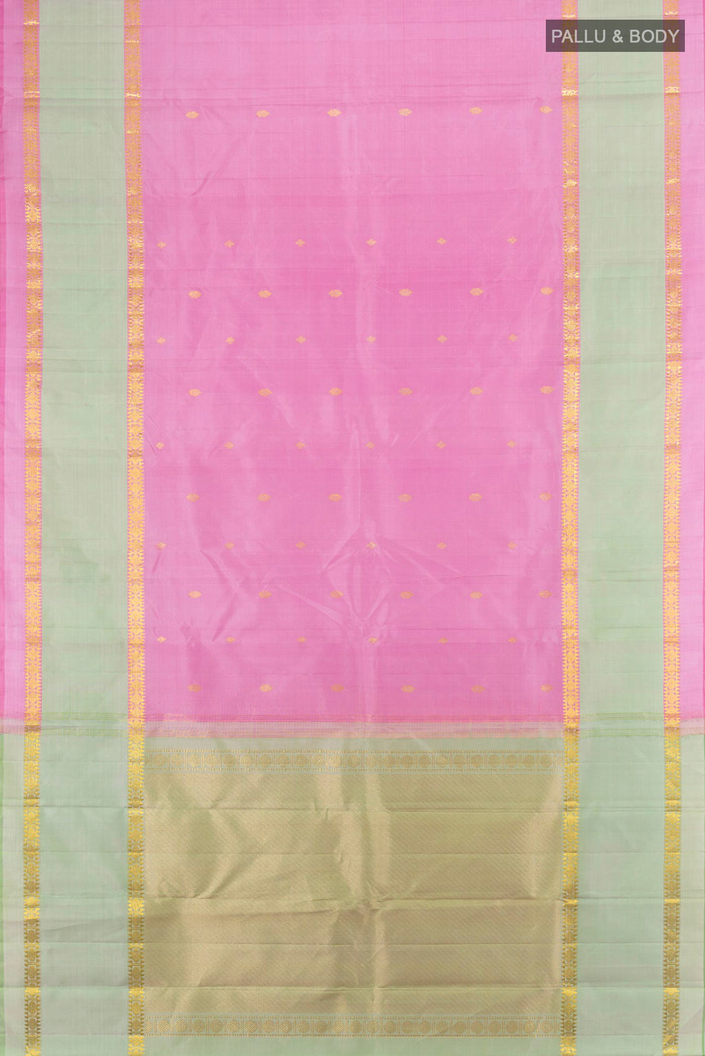 Flat view of Rose pink Kanjivaram Silk Saree with Zari Butta on the body and Plain Border. 