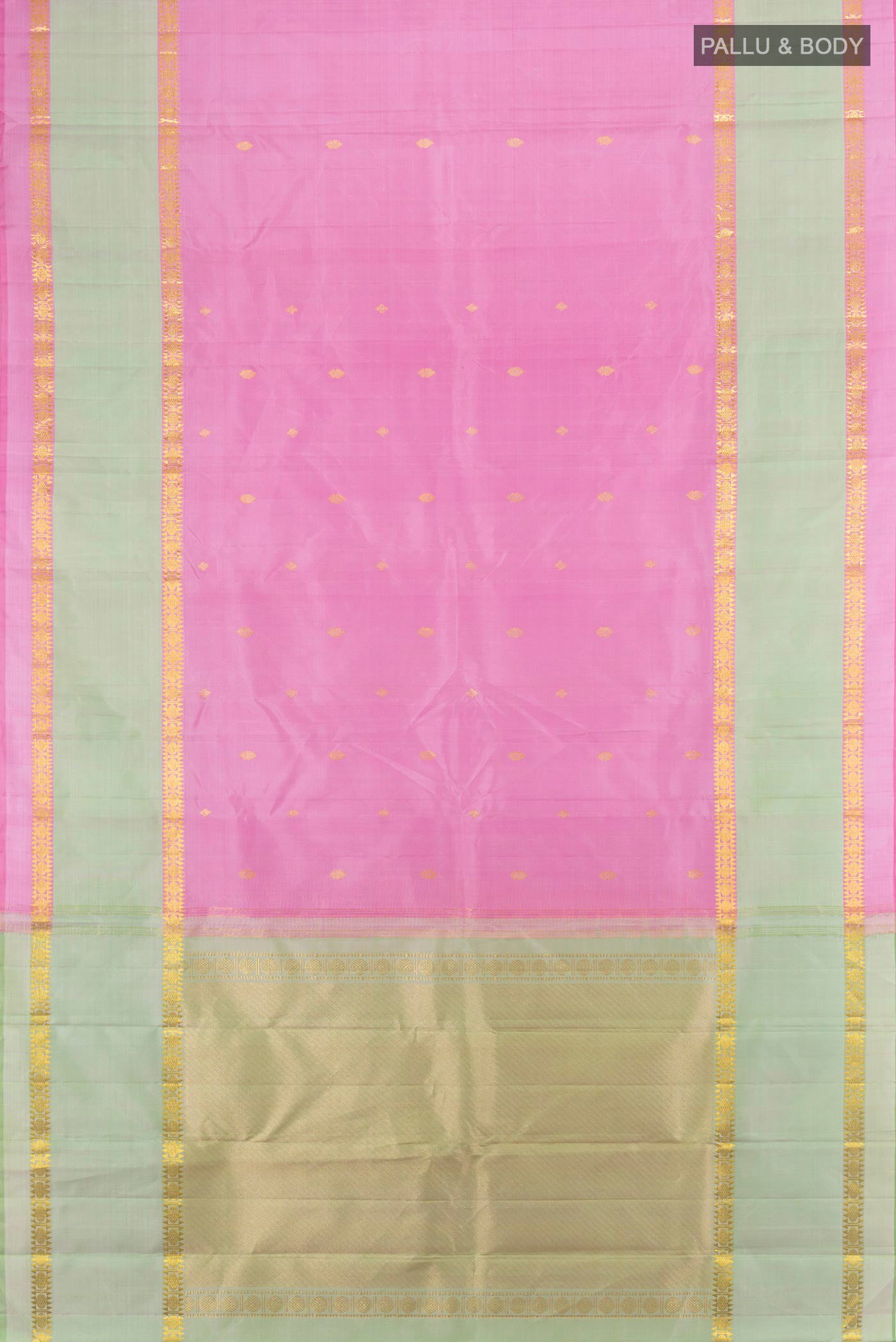 Flat view of Rose pink Kanjivaram Silk Saree with Zari Butta on the body and Plain Border. 