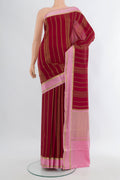 Maroon Mysore Crepe Saree with Stripes on the body and Zari Border.  displayed on a mannequin