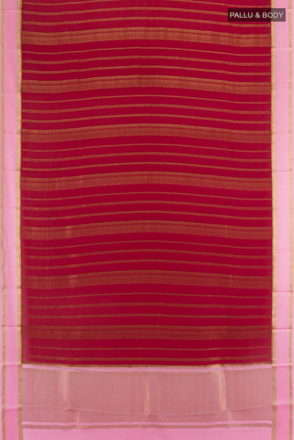 Flat view of Maroon Mysore Crepe Saree with Stripes on the body and Zari Border. 
