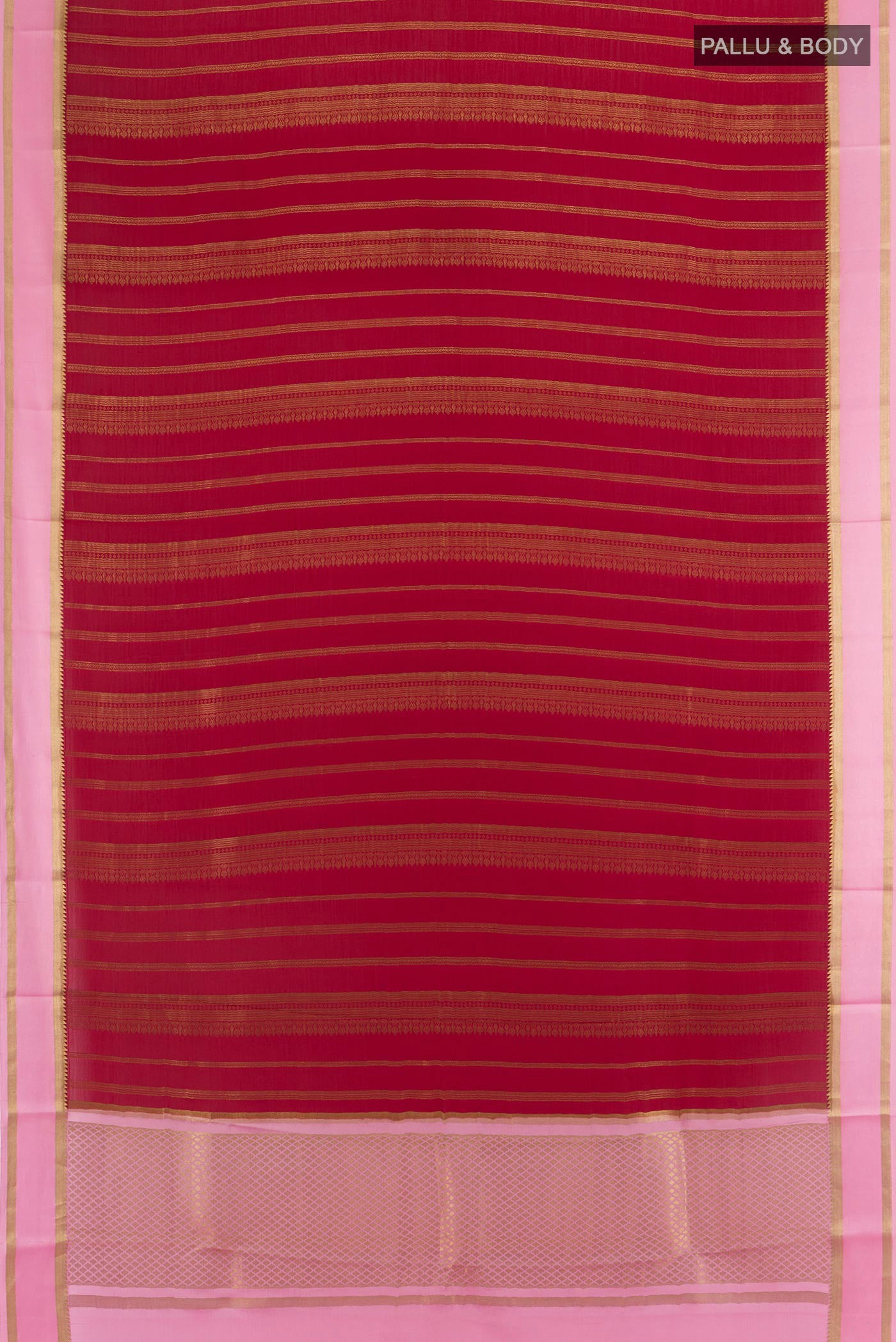 Flat view of Maroon Mysore Crepe Saree with Stripes on the body and Zari Border. 