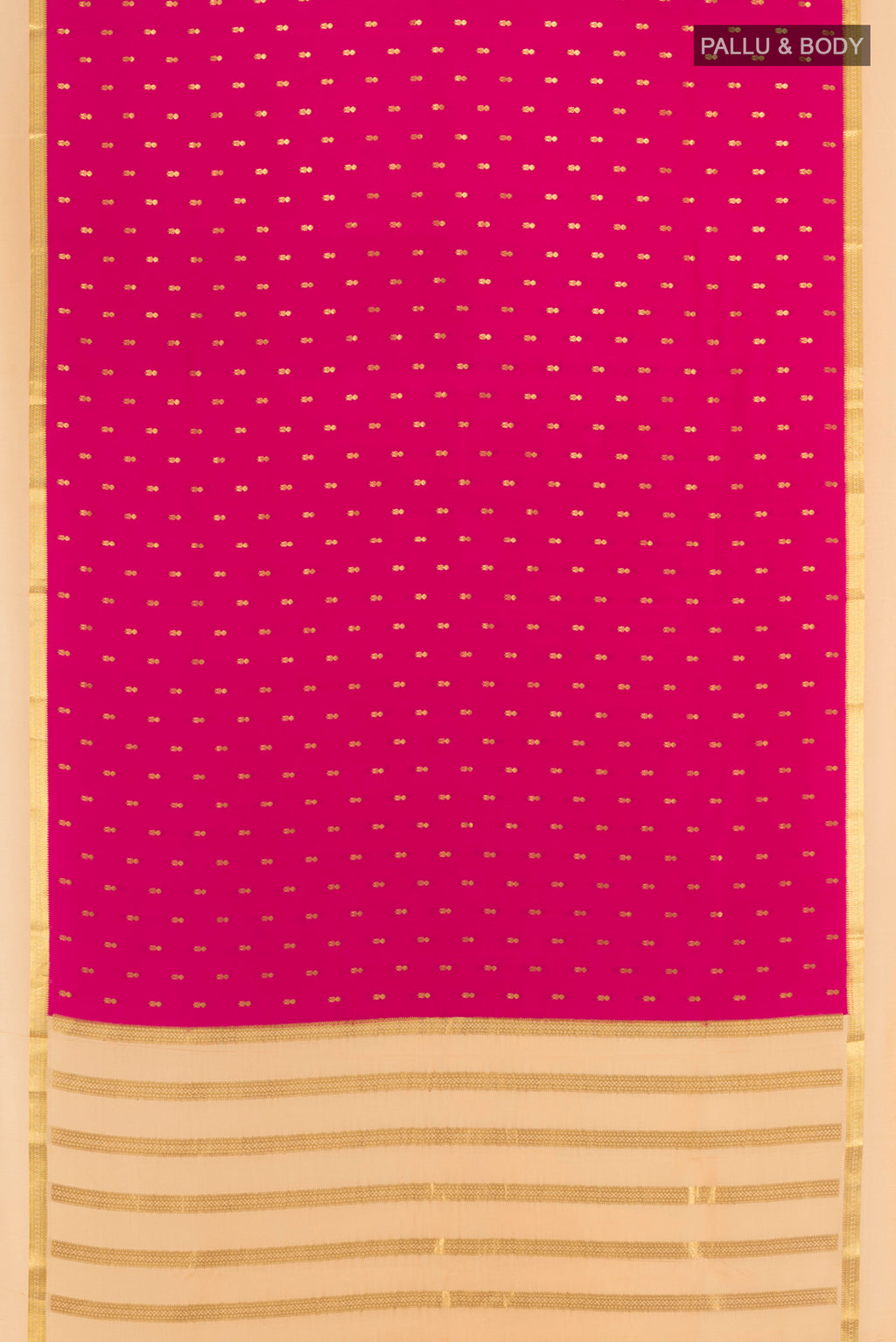 Flat view of Magenta Mysore Crepe Saree with Zari Butta on the body and Zari Border. 