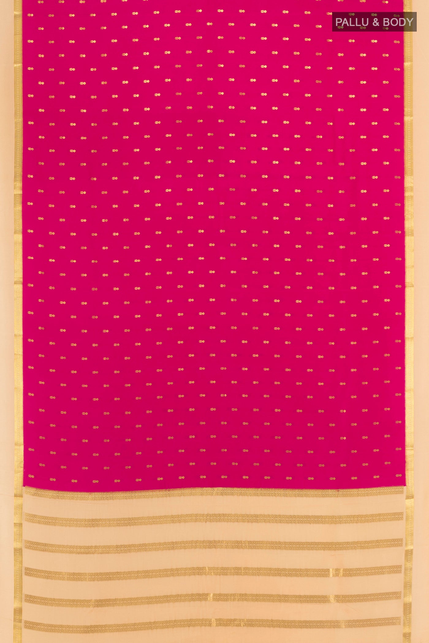 Flat view of Magenta Mysore Crepe Saree with Zari Butta on the body and Zari Border. 