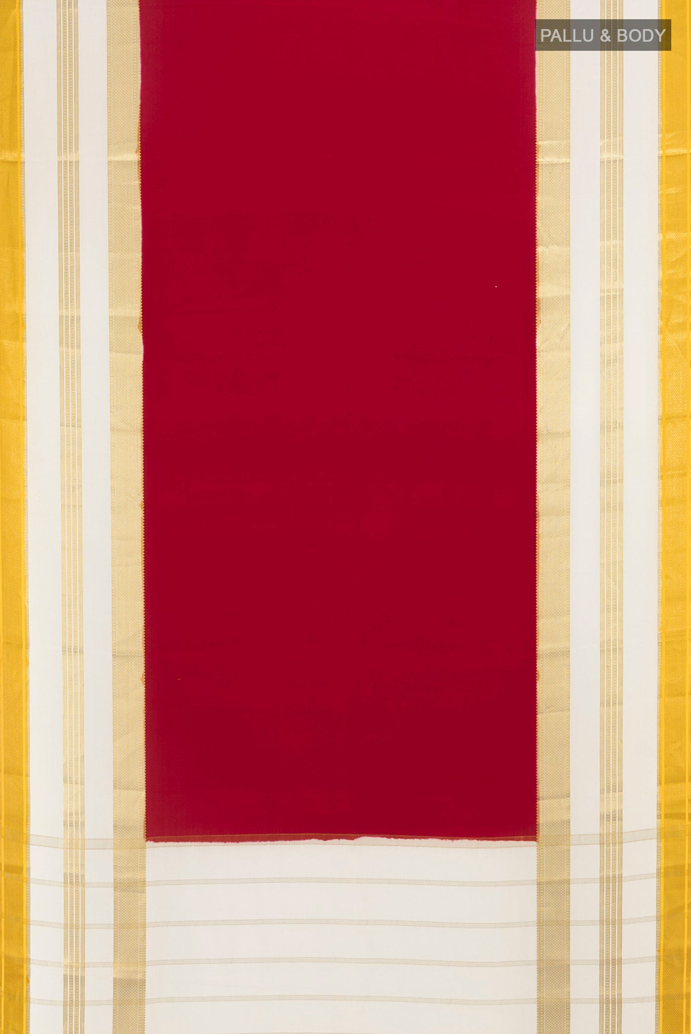 Flat view of Maroon Mysore Crepe Saree with Plain Body and Zari Border. 