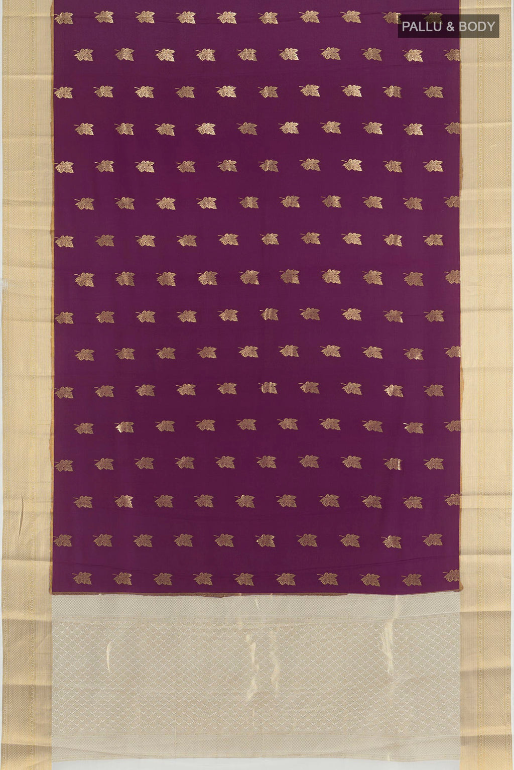 Flat view of Purple Mysore Crepe Saree with Zari Butta on the body and Zari Border. 