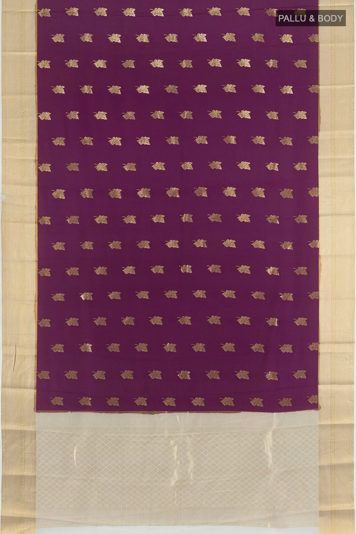 Flat view of Purple Mysore Crepe Saree with Zari Butta on the body and Zari Border. 