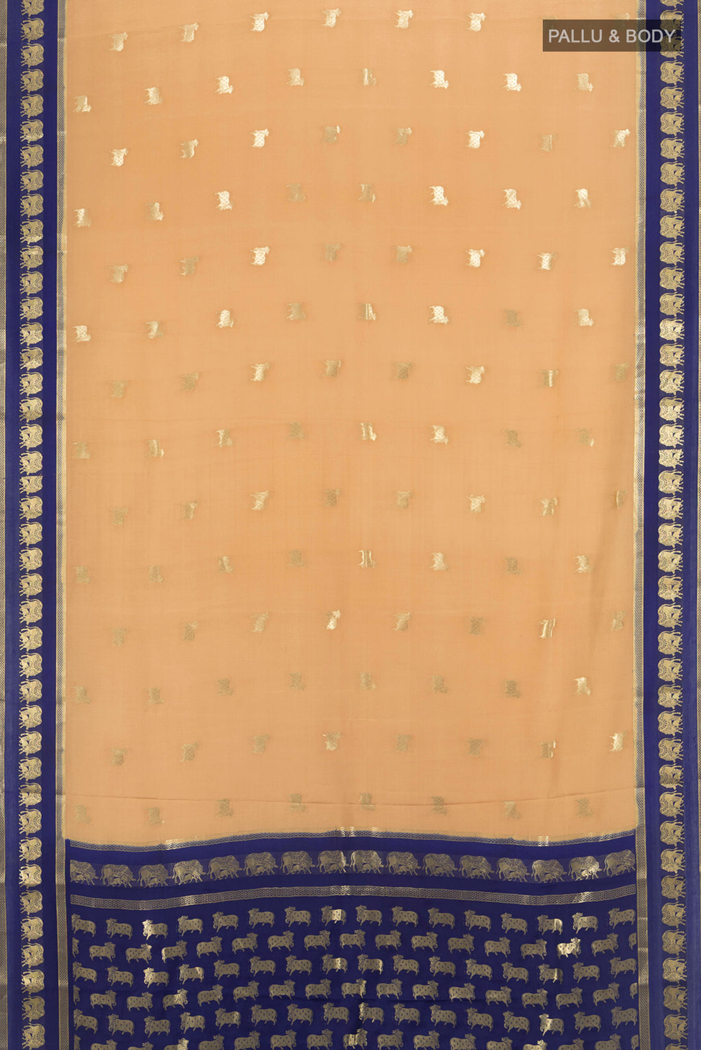 Flat view of Sandal Mysore Crepe Saree with Zari Butta on the body and Zari Border. 