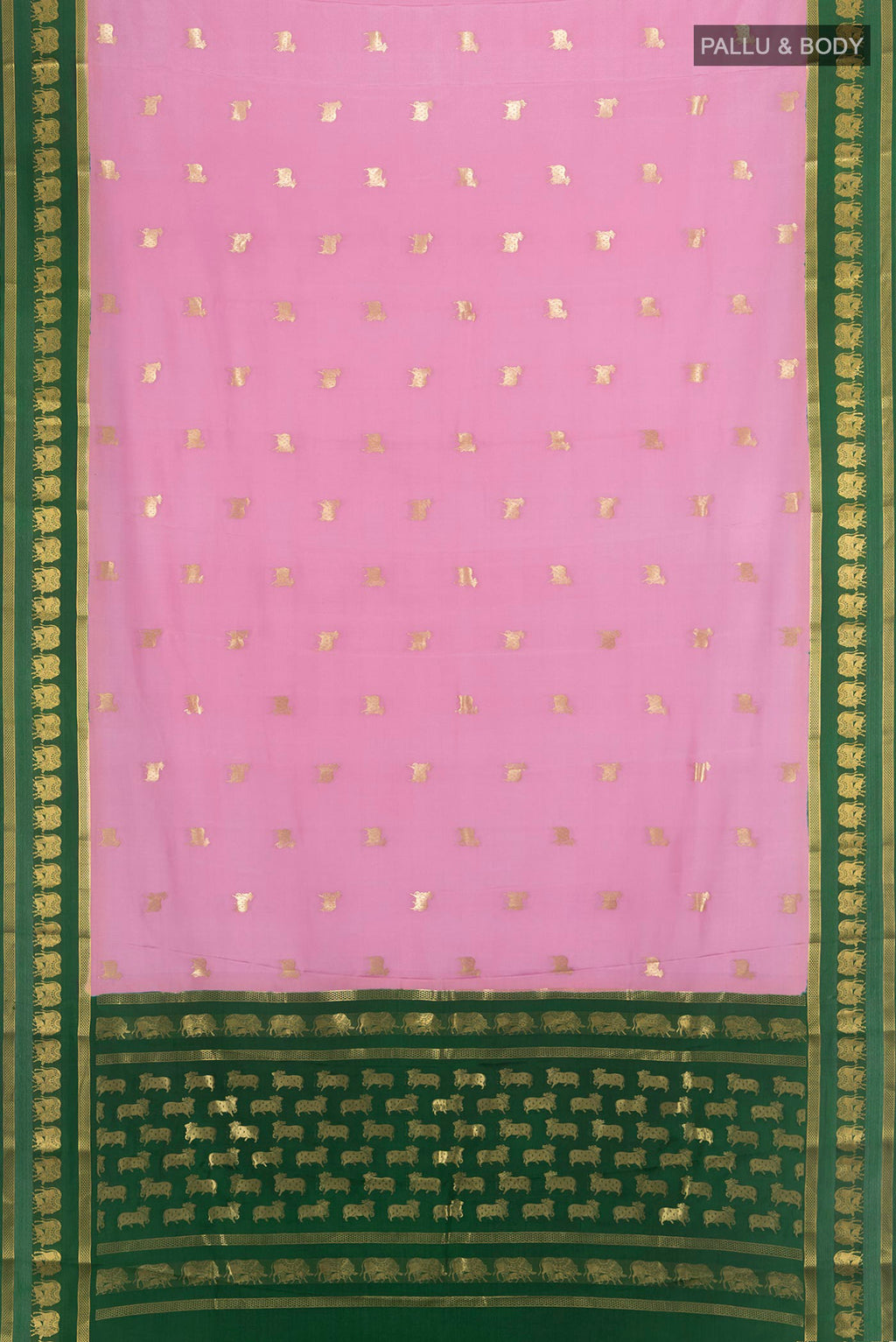 Flat view of Rose pink Mysore Crepe Saree with Zari Butta on the body and Zari Border. 