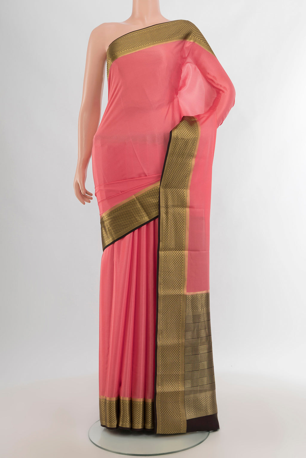 Rose pink Mysore Crepe Saree with Plain Body and Zari Border.  displayed on a mannequin