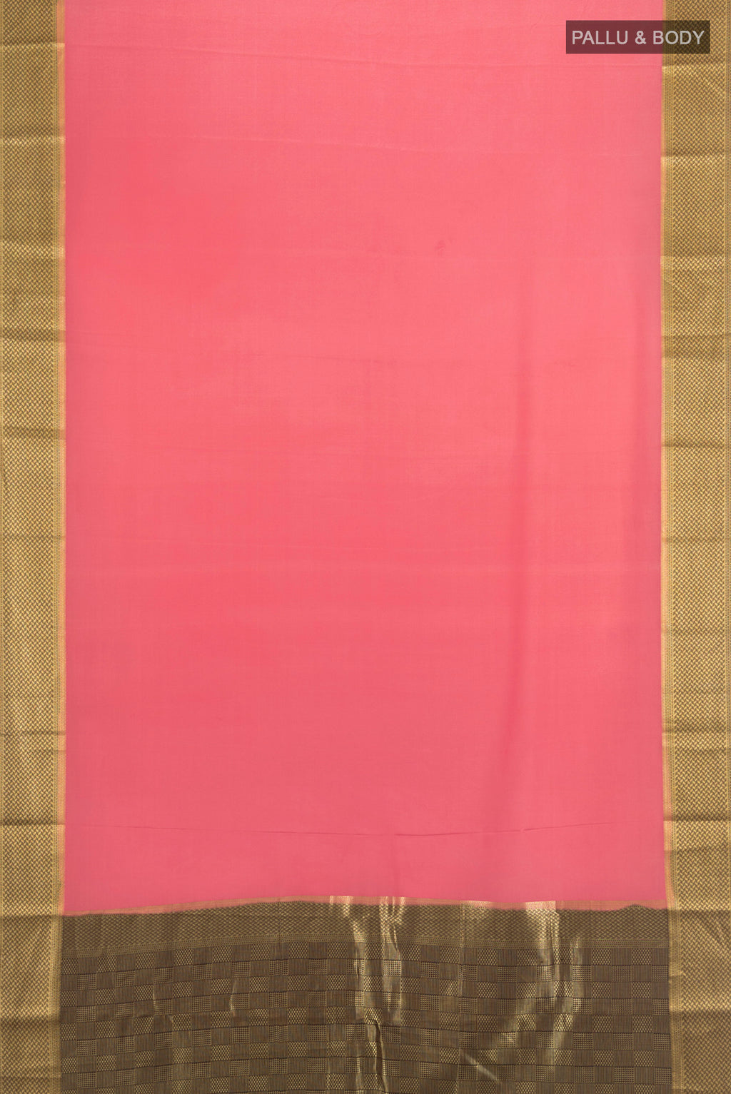 Flat view of Rose pink Mysore Crepe Saree with Plain Body and Zari Border. 