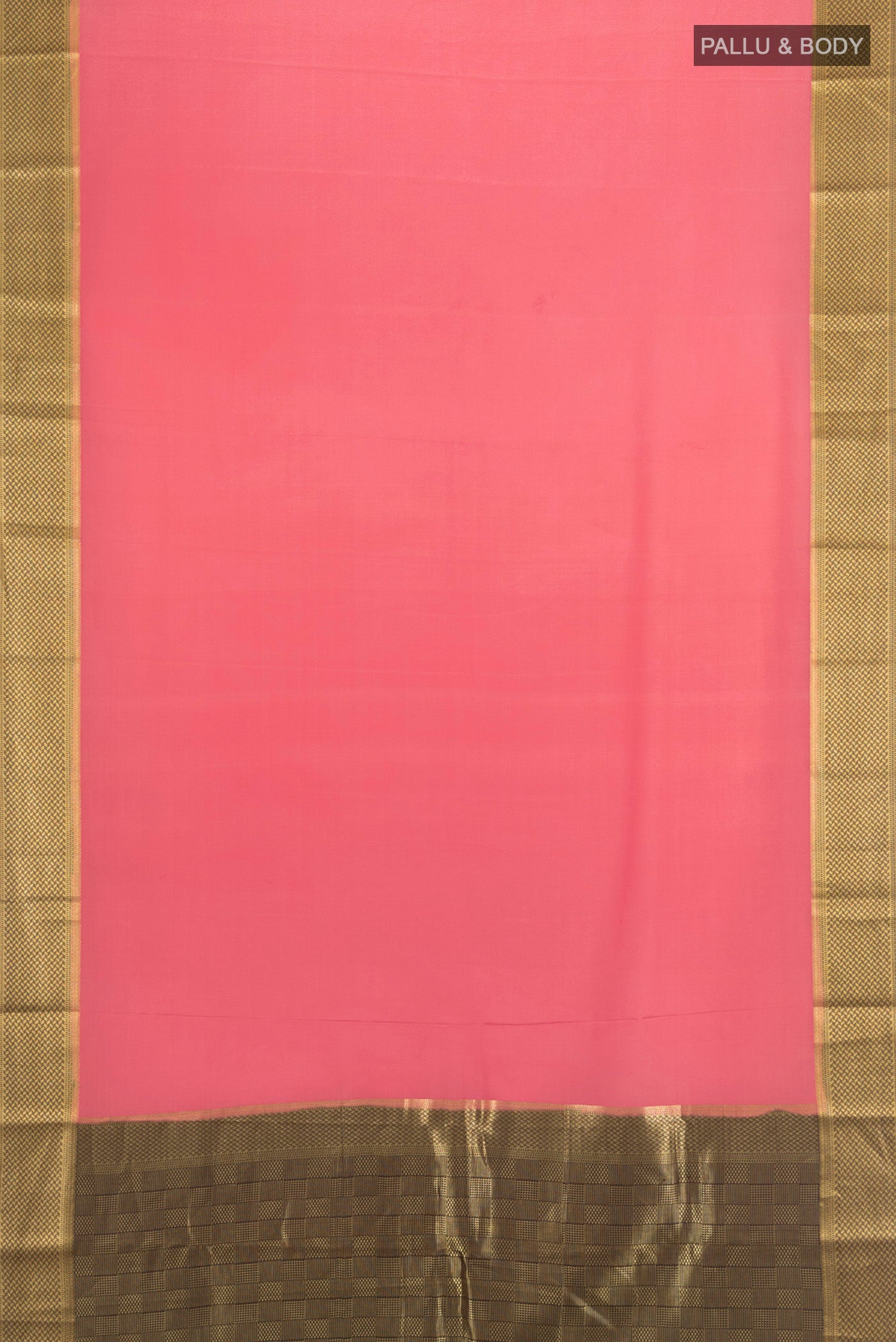 Flat view of Rose pink Mysore Crepe Saree with Plain Body and Zari Border. 