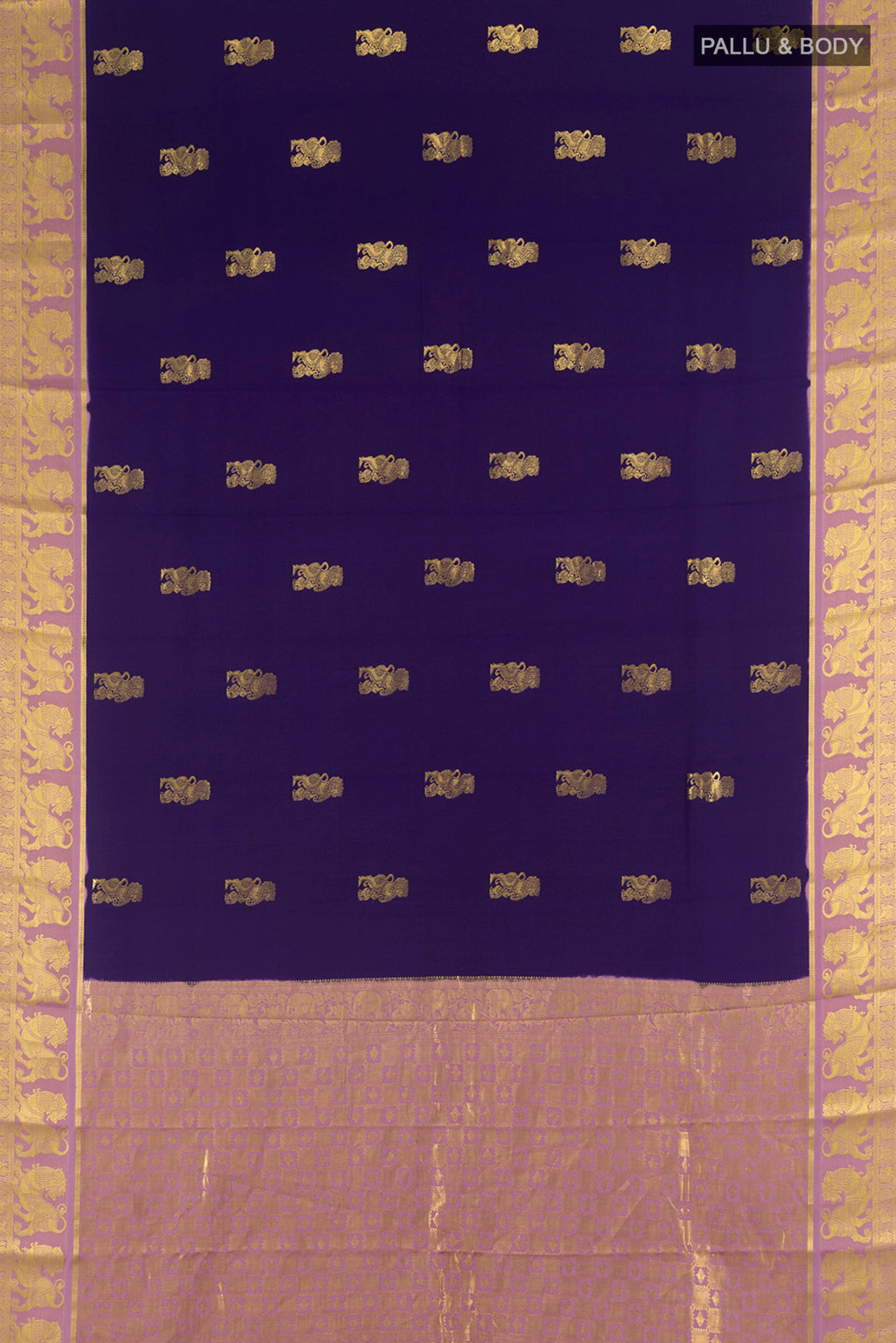 Flat view of Navy Blue Mysore Crepe Saree with Zari Butta on the body and Zari Border. 