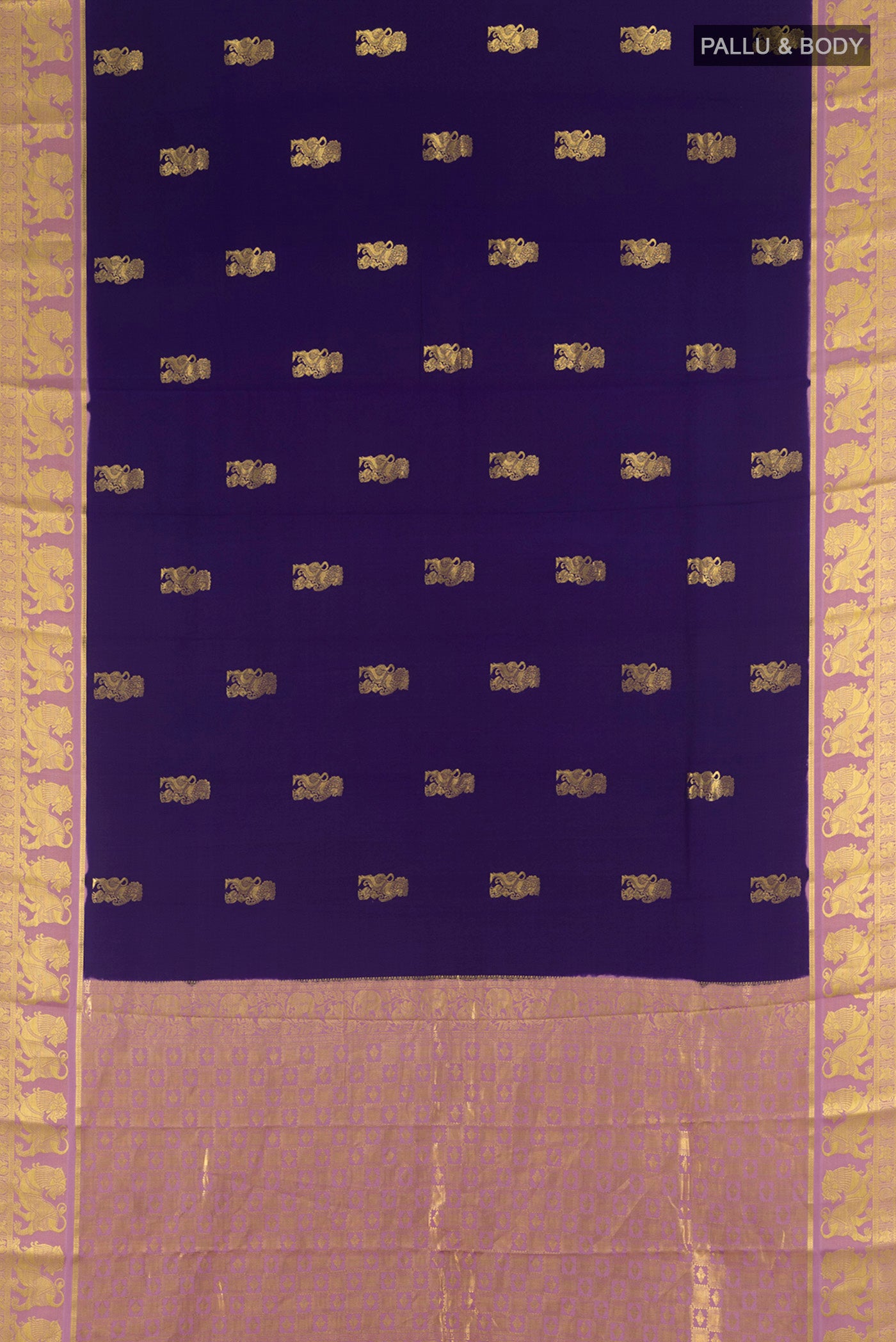 Flat view of Navy Blue Mysore Crepe Saree with Zari Butta on the body and Zari Border. 