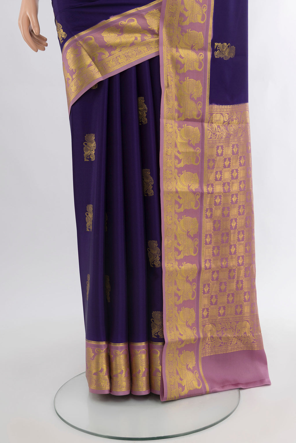 Pleats and pallu of Navy Blue Mysore Crepe Saree with Zari Butta on the body and Zari Border. 