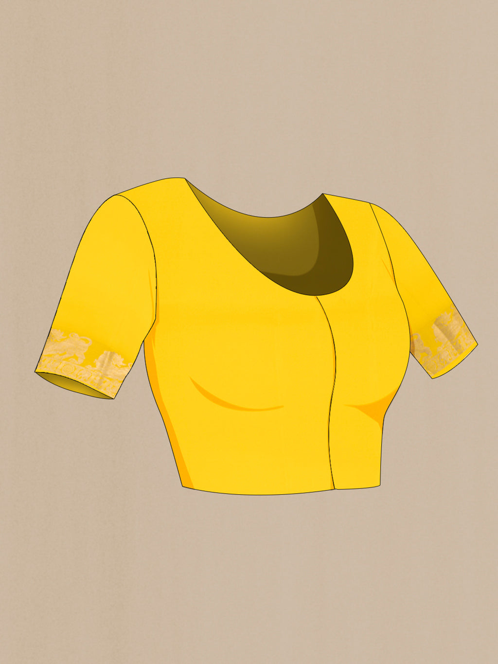 Close up image of the blouse of Yellow Mysore Crepe Saree with Zari Butta on the body and Zari Border. 