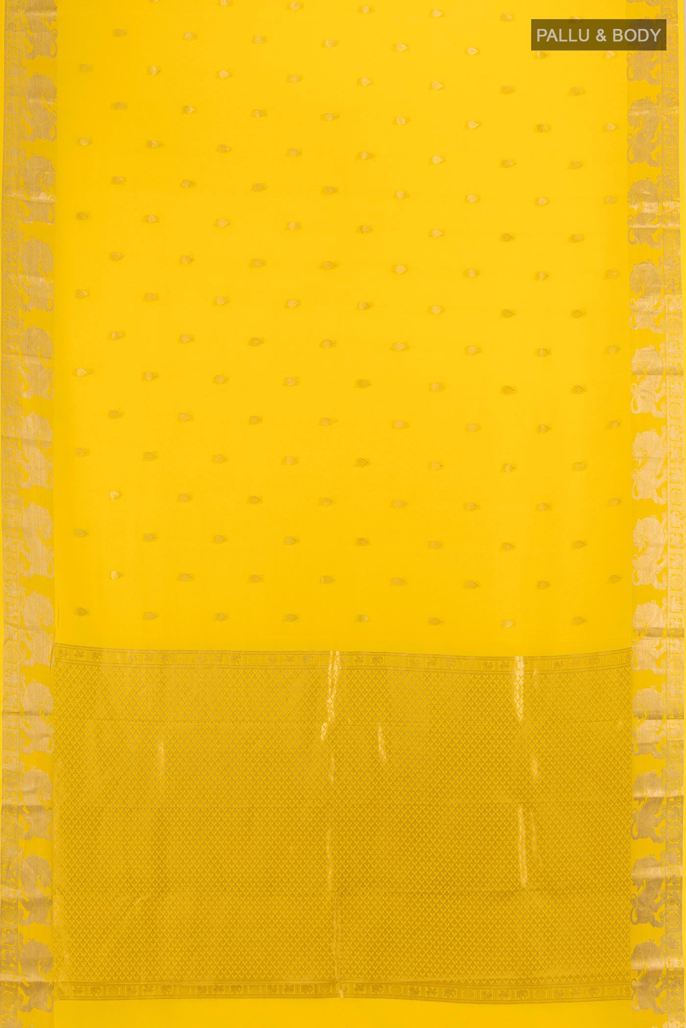 Flat view of Yellow Mysore Crepe Saree with Zari Butta on the body and Zari Border. 
