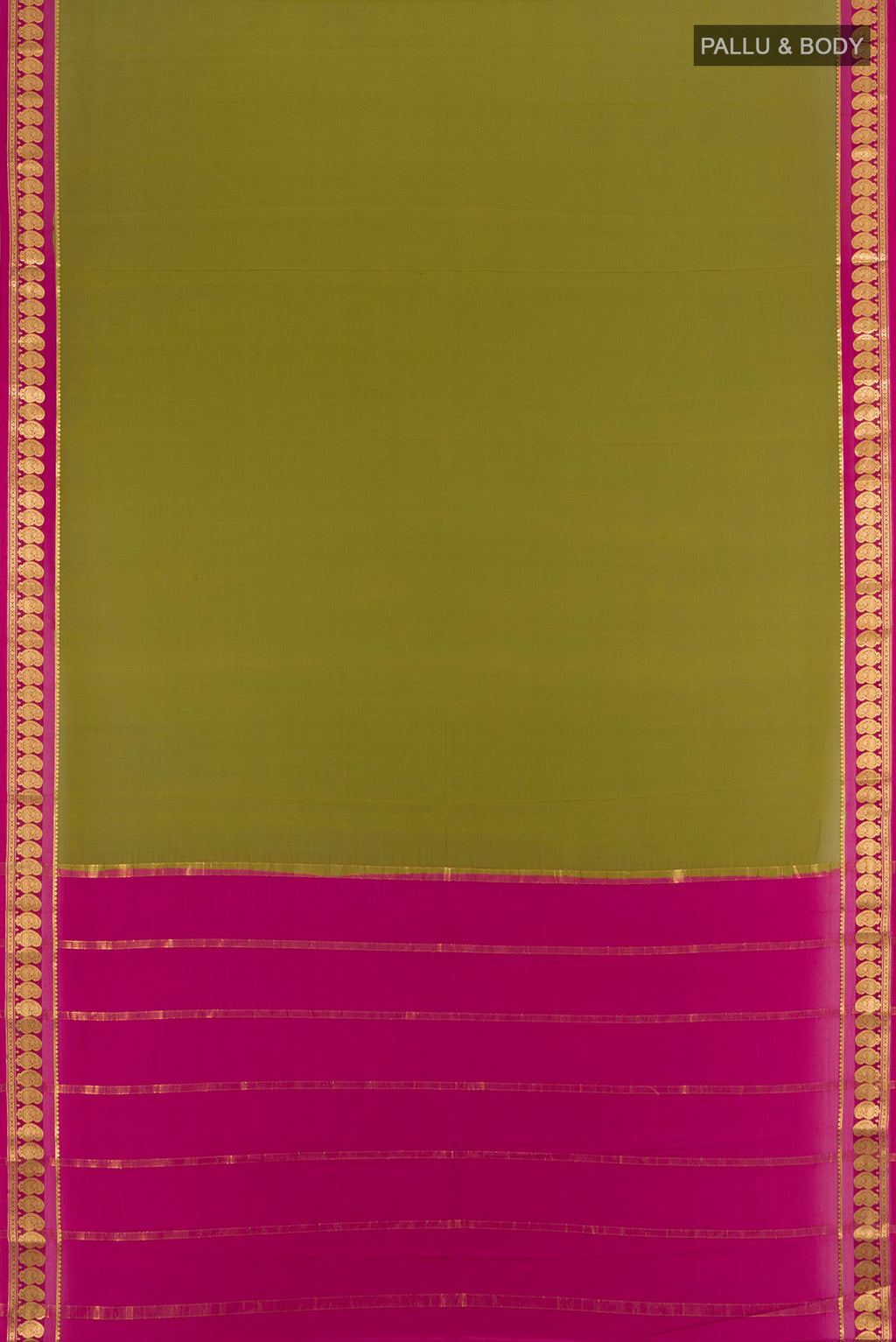 Flat view of Mehandi Green Mysore Crepe Saree with Plain Body and Zari Border. 