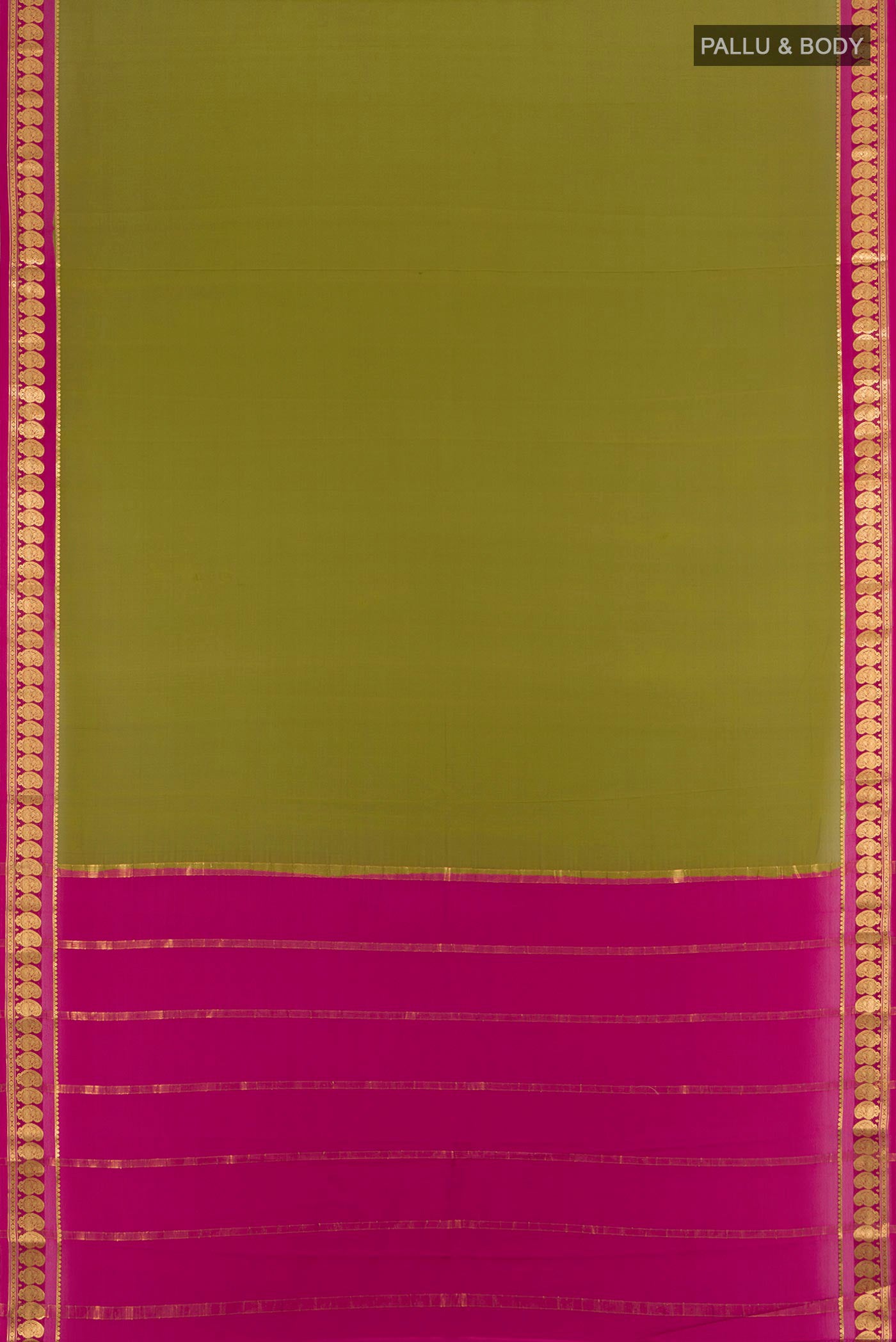 Flat view of Mehandi Green Mysore Crepe Saree with Plain Body and Zari Border. 