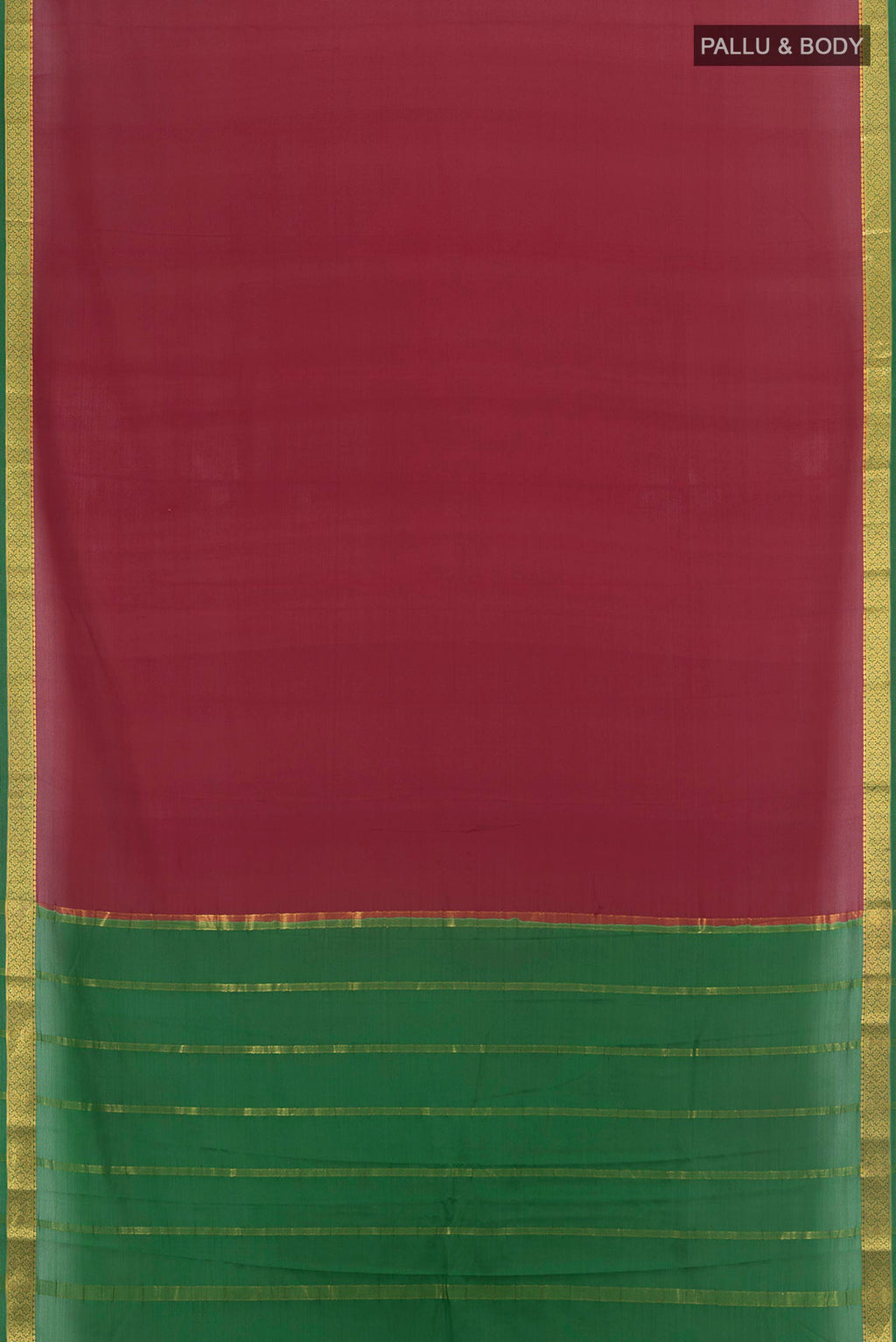 Flat view of Maroon Mysore Crepe Saree with Plain Body and Zari Border. 