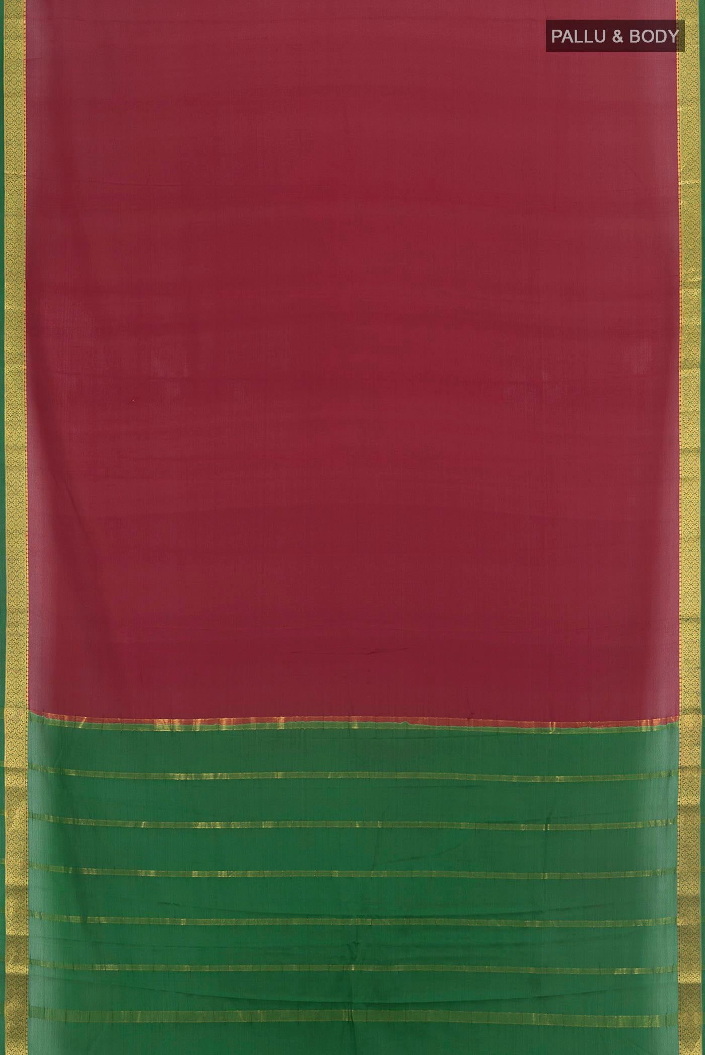 Flat view of Maroon Mysore Crepe Saree with Plain Body and Zari Border. 