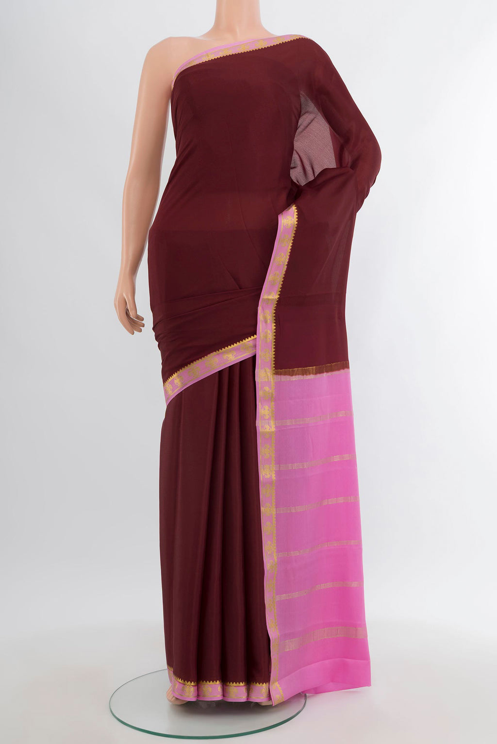 Coffee Brown Mysore Crepe Saree with Plain Body and Zari Border.  displayed on a mannequin