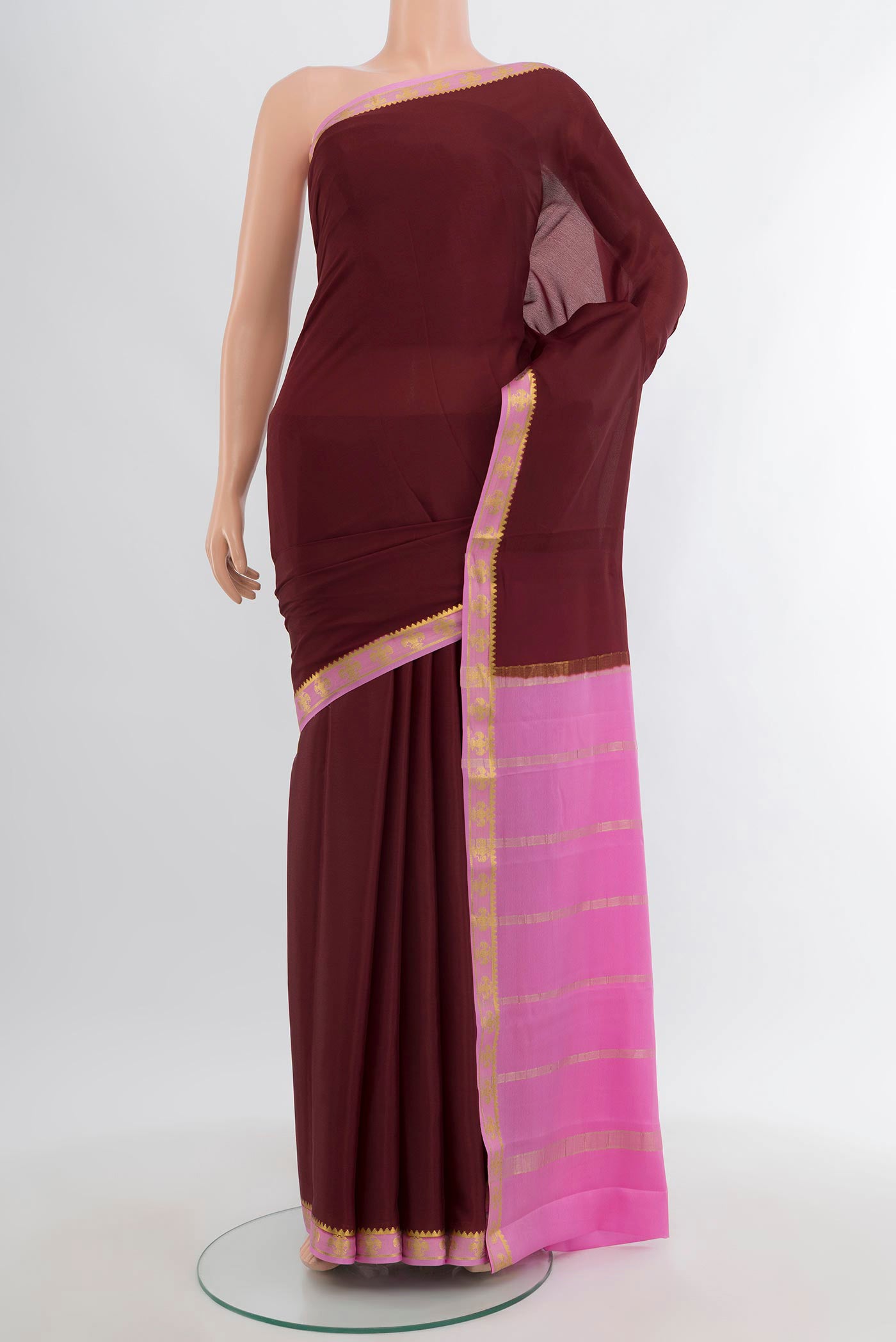 Coffee Brown Mysore Crepe Saree with Plain Body and Zari Border.  displayed on a mannequin