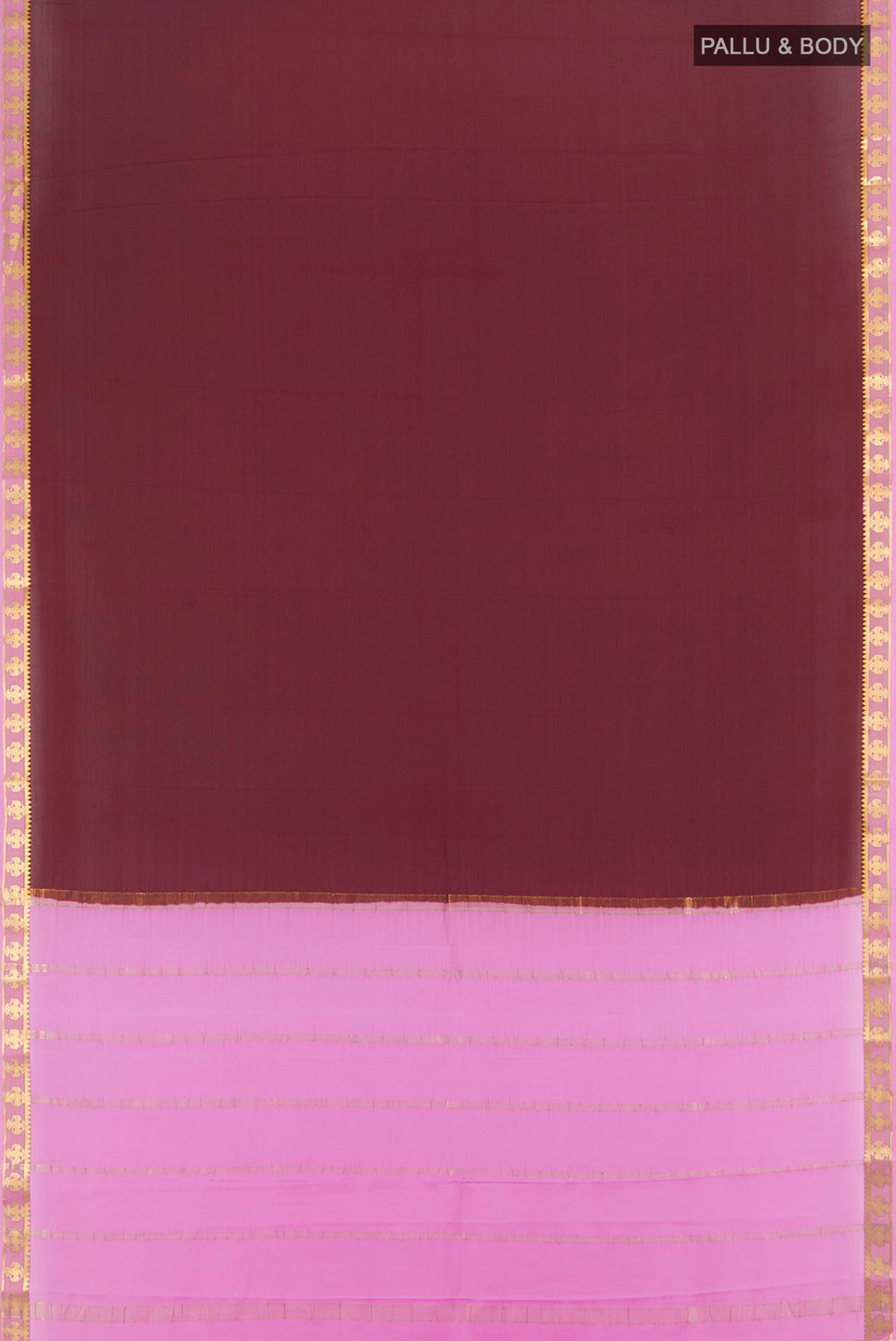 Flat view of Coffee Brown Mysore Crepe Saree with Plain Body and Zari Border. 