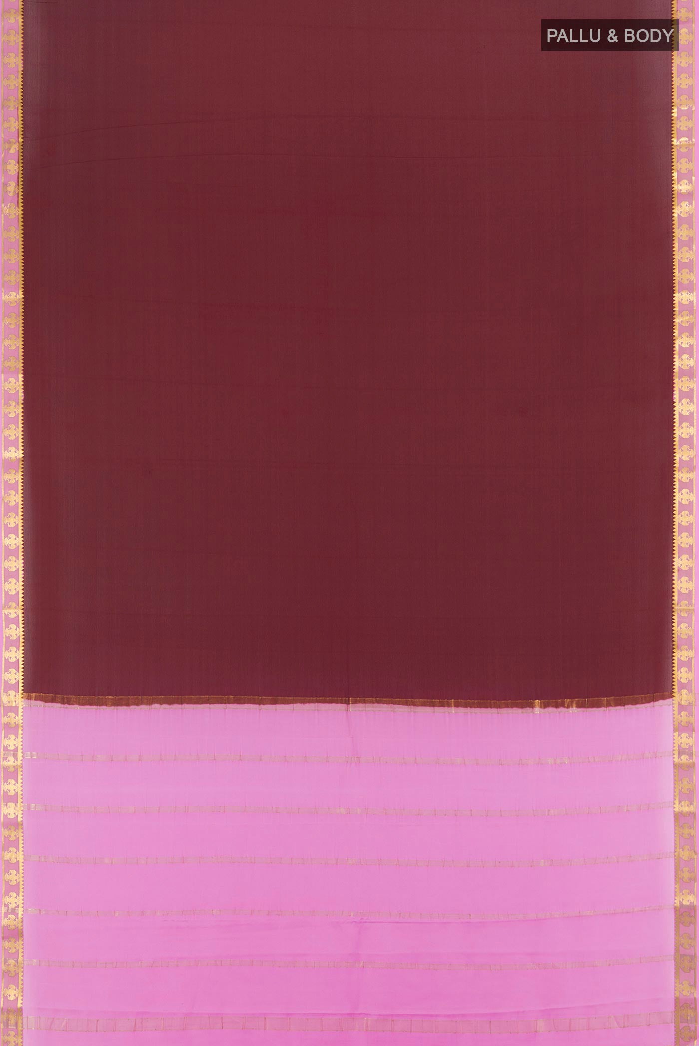 Flat view of Coffee Brown Mysore Crepe Saree with Plain Body and Zari Border. 