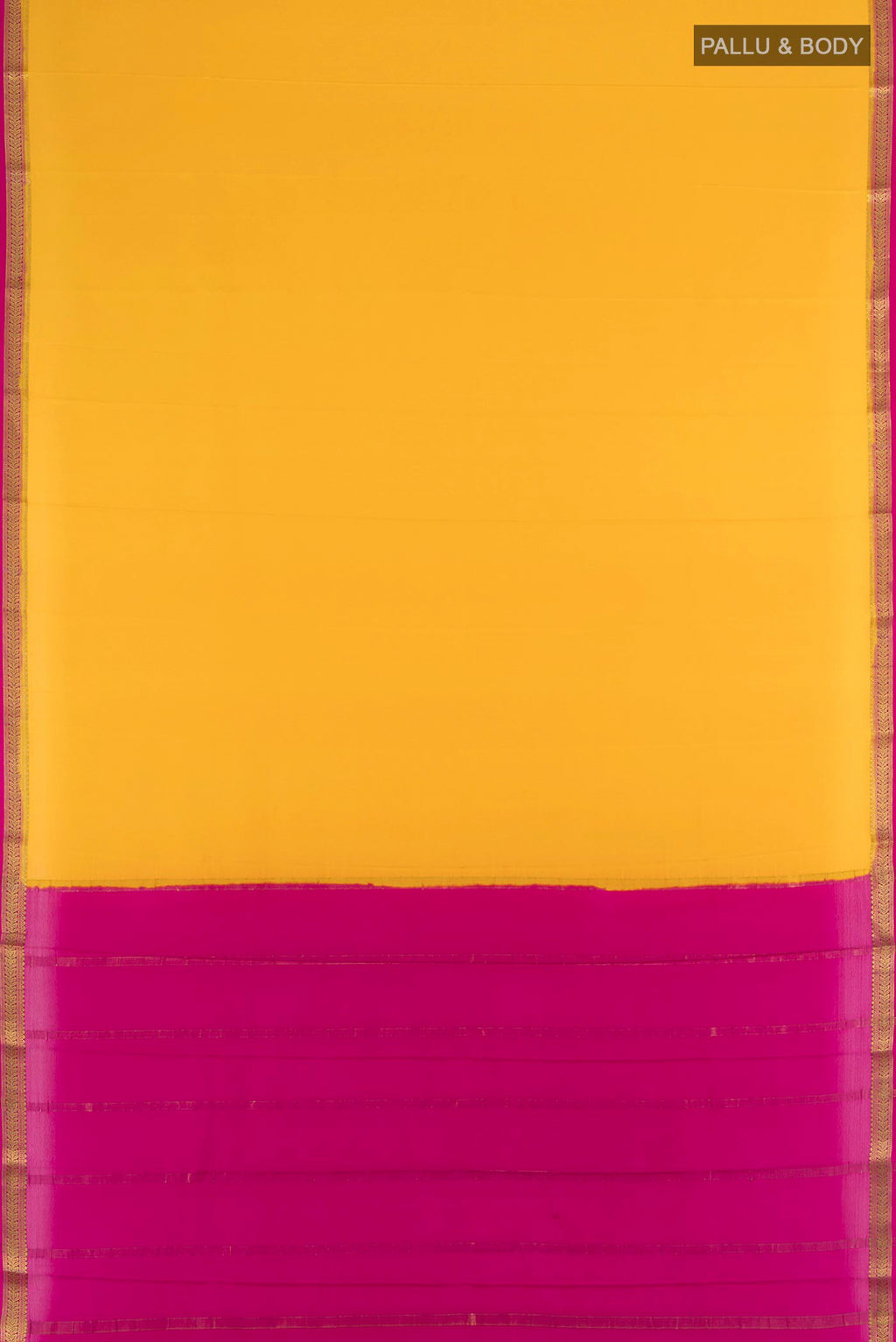 Flat view of Yellow Mysore Crepe Saree with Plain Body and Zari Border. 