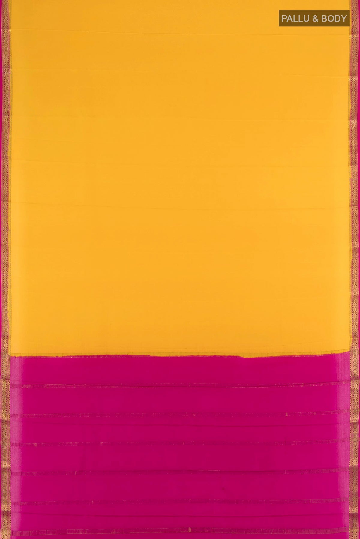 Flat view of Yellow Mysore Crepe Saree with Plain Body and Zari Border. 