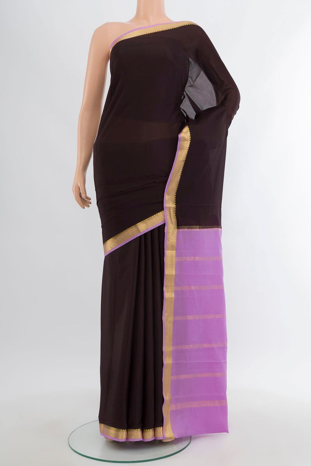 Black Mysore Crepe Saree with Plain Body and Zari Border.  displayed on a mannequin