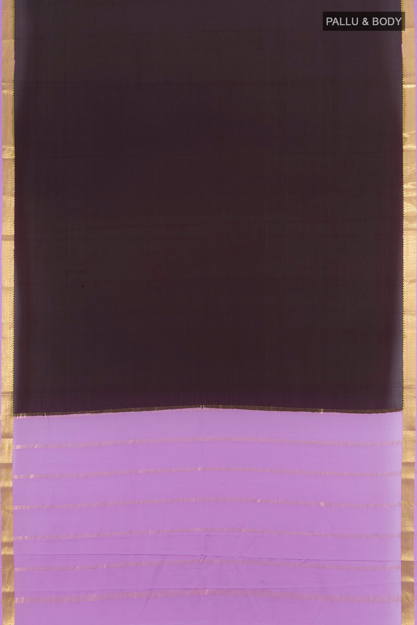 Flat view of Black Mysore Crepe Saree with Plain Body and Zari Border. 