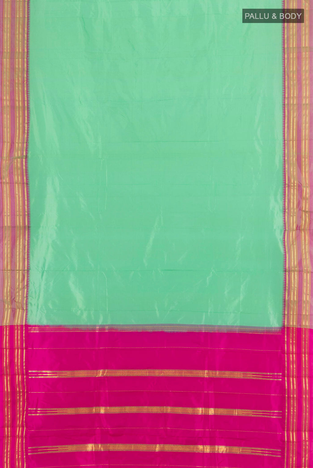 Flat view of Sea Green Narayanpet Silk Saree with Plain Body and Zari Border. 