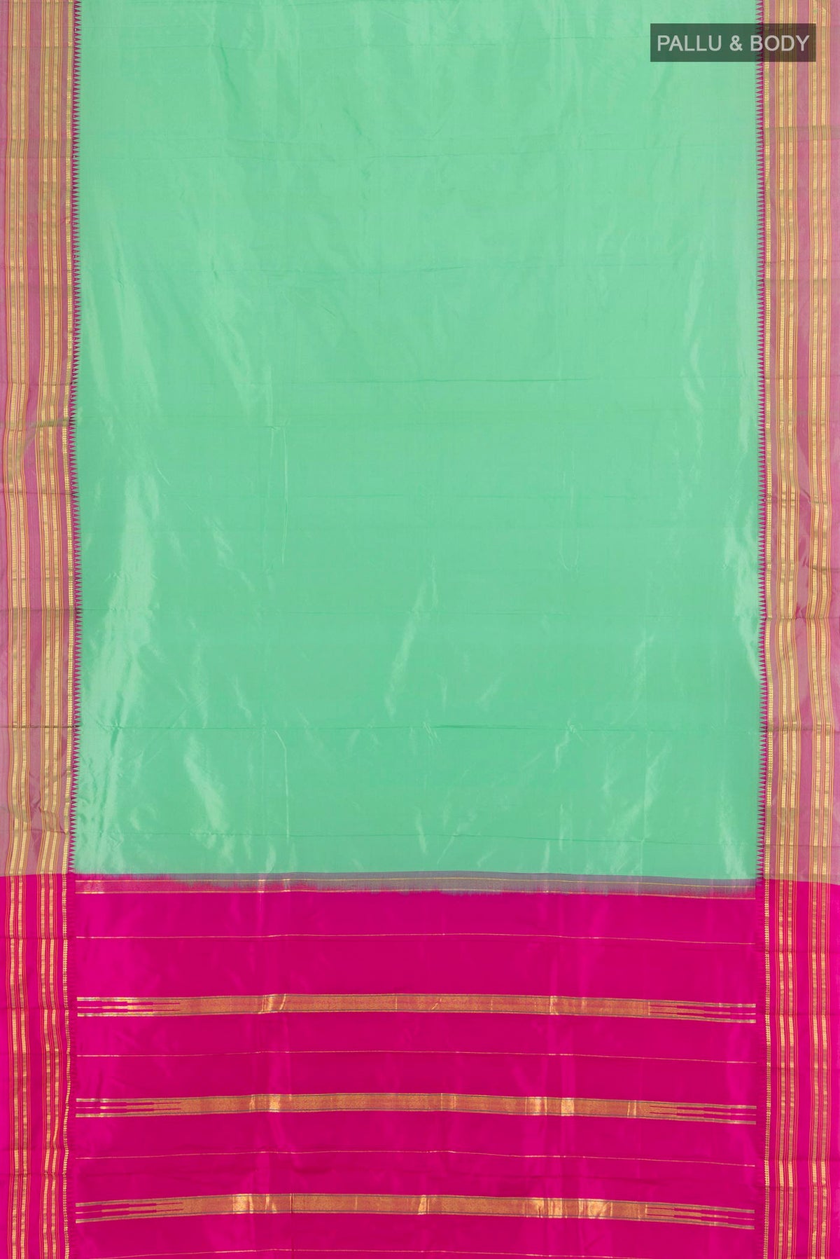 Flat view of Sea Green Narayanpet Silk Saree with Plain Body and Zari Border. 