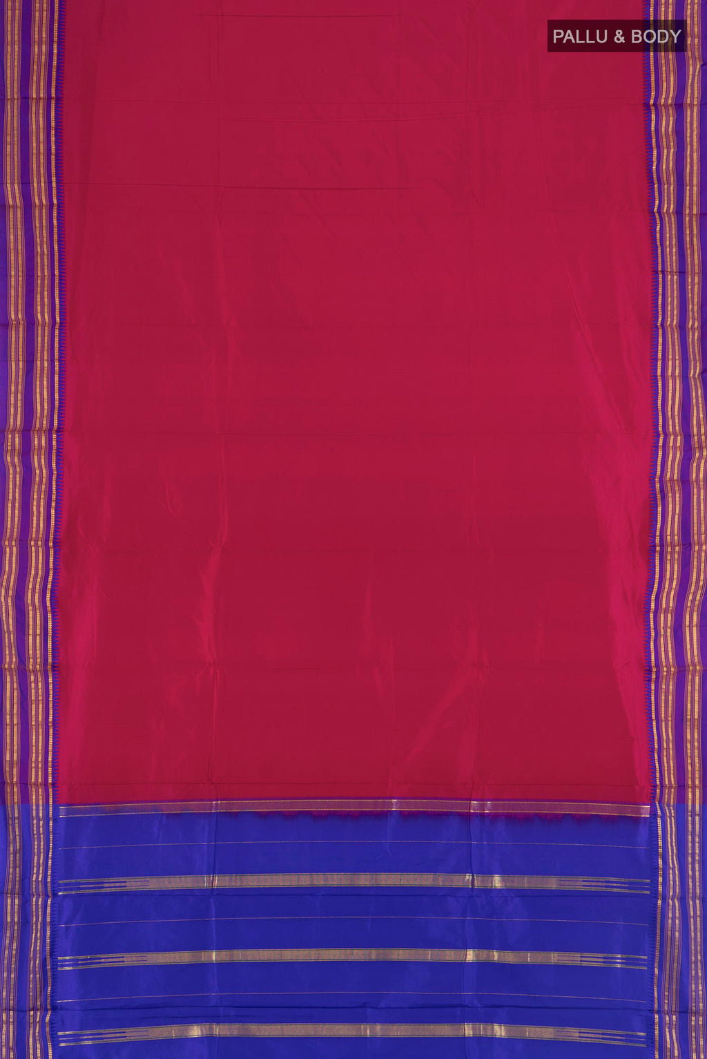 Flat view of Pure Silk Dark Pink Narayanpet Saree with Plain Body and Zari Border. 
