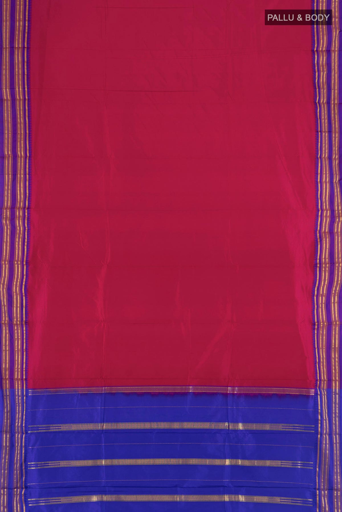 Flat view of Pure Silk Dark Pink Narayanpet Saree with Plain Body and Zari Border. 