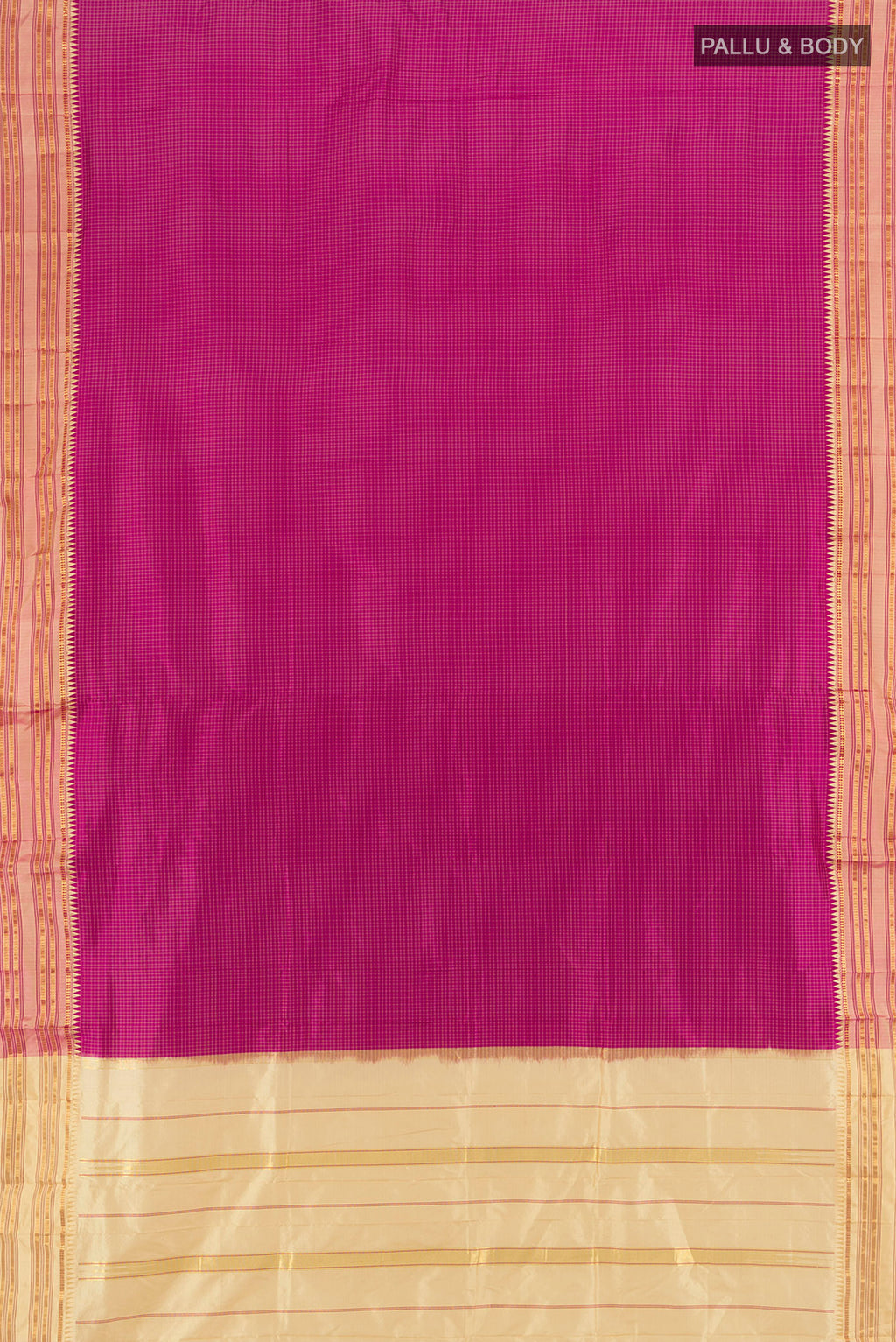 Flat view of Magenta Narayanpet Silk Saree with Checked design on the body and Zari Border. 