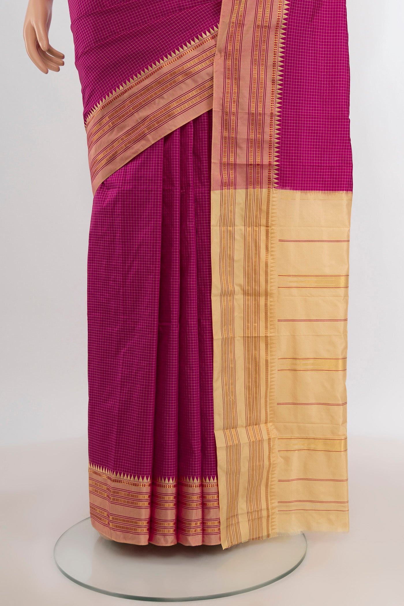 Pleats and pallu of Magenta Narayanpet Silk Saree with Checked design on the body and Zari Border. 