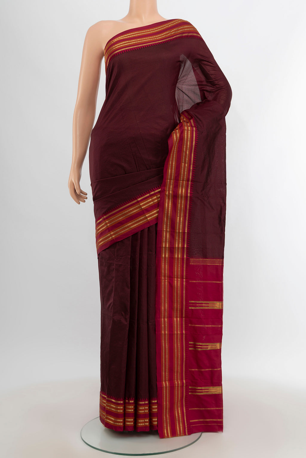 Coffee Brown Narayanpet Silk Saree with Checked design on the body and Zari Border.  displayed on a mannequin