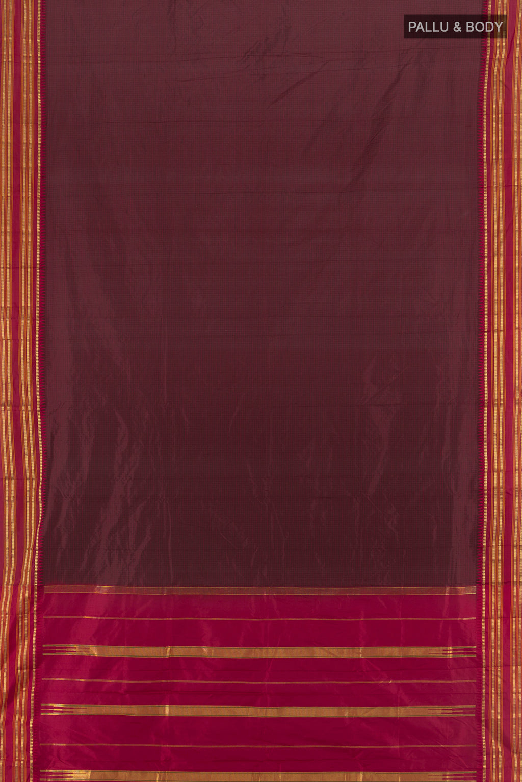 Flat view of Coffee Brown Narayanpet Silk Saree with Checked design on the body and Zari Border. 