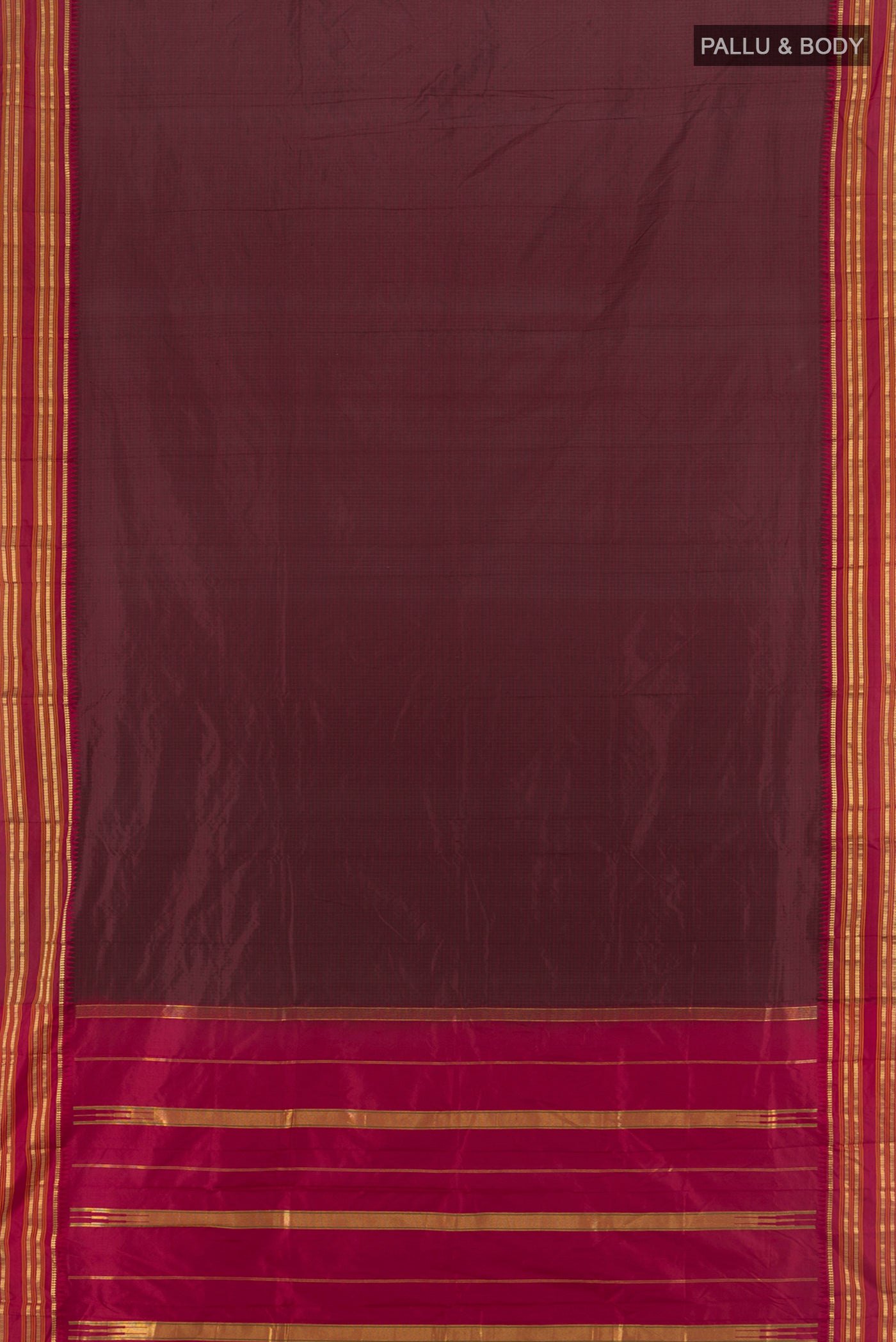 Flat view of Coffee Brown Narayanpet Silk Saree with Checked design on the body and Zari Border. 