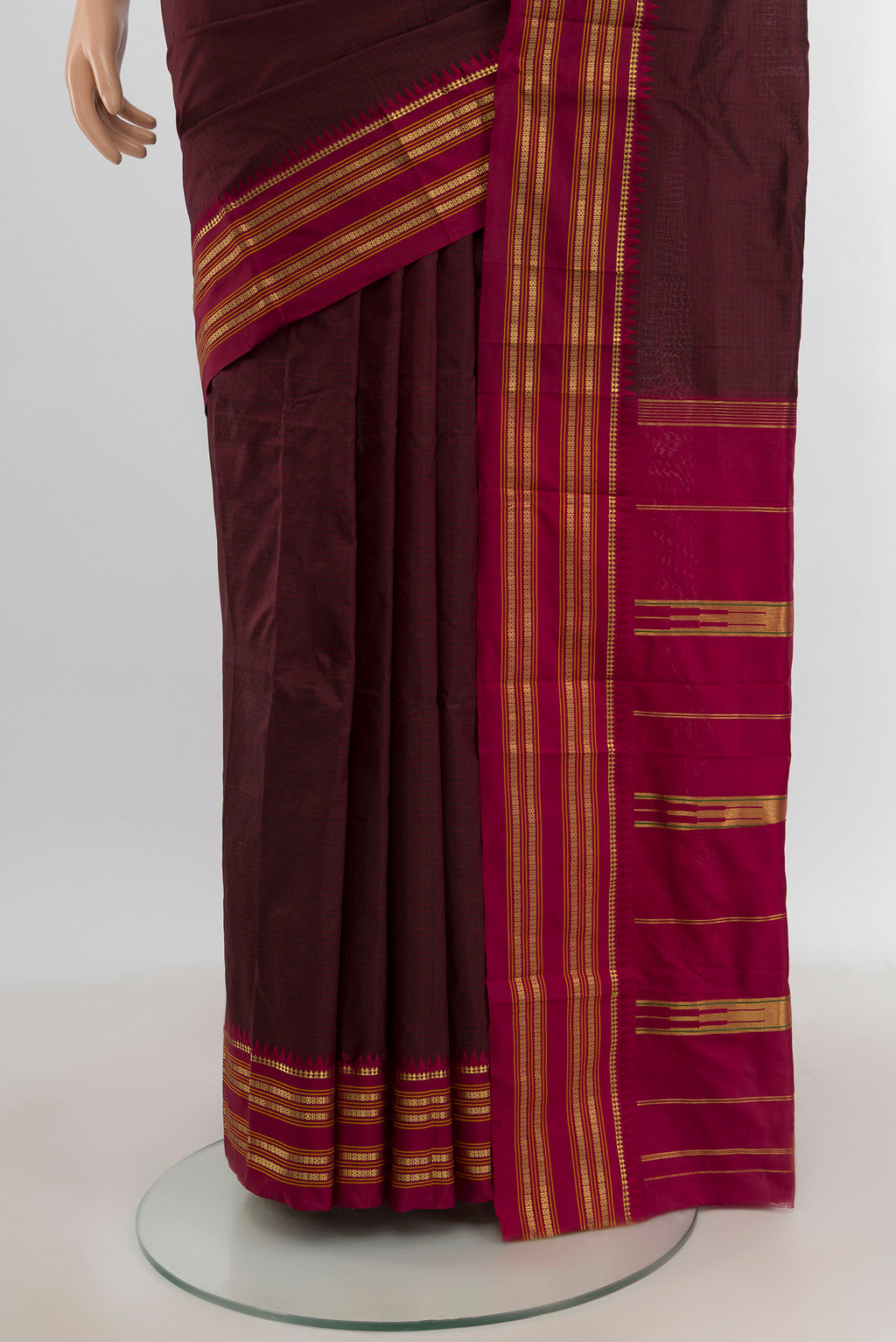 Pleats and pallu of Coffee Brown Narayanpet Silk Saree with Checked design on the body and Zari Border. 