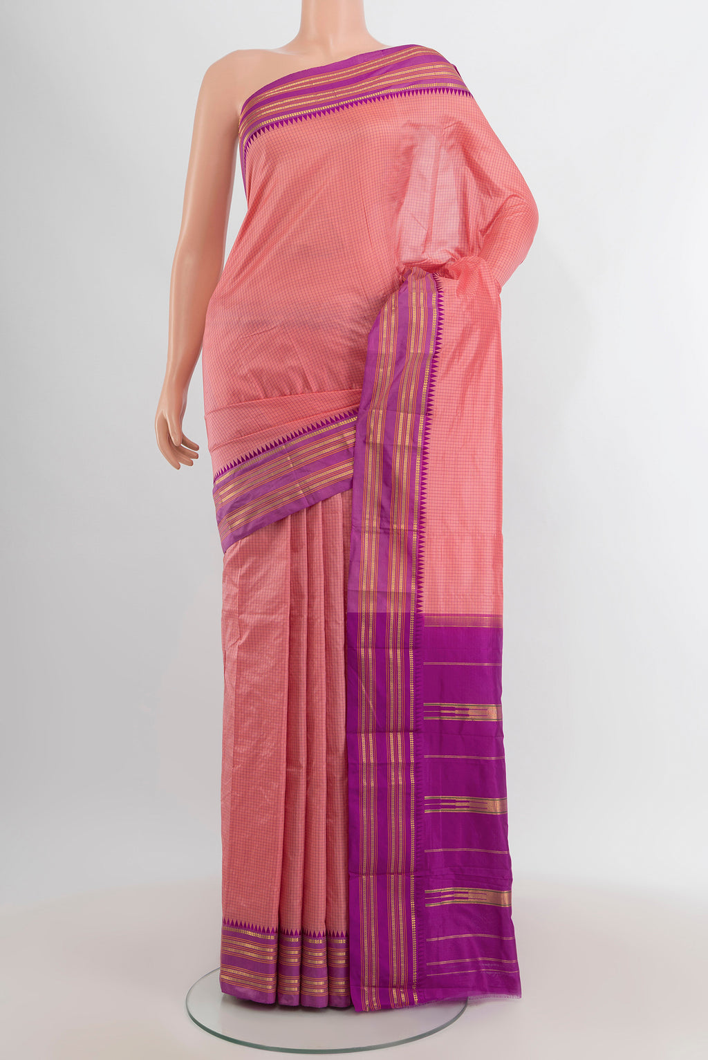Rose pink Narayanpet Silk Saree with Checked design on the body and Zari Border.  displayed on a mannequin