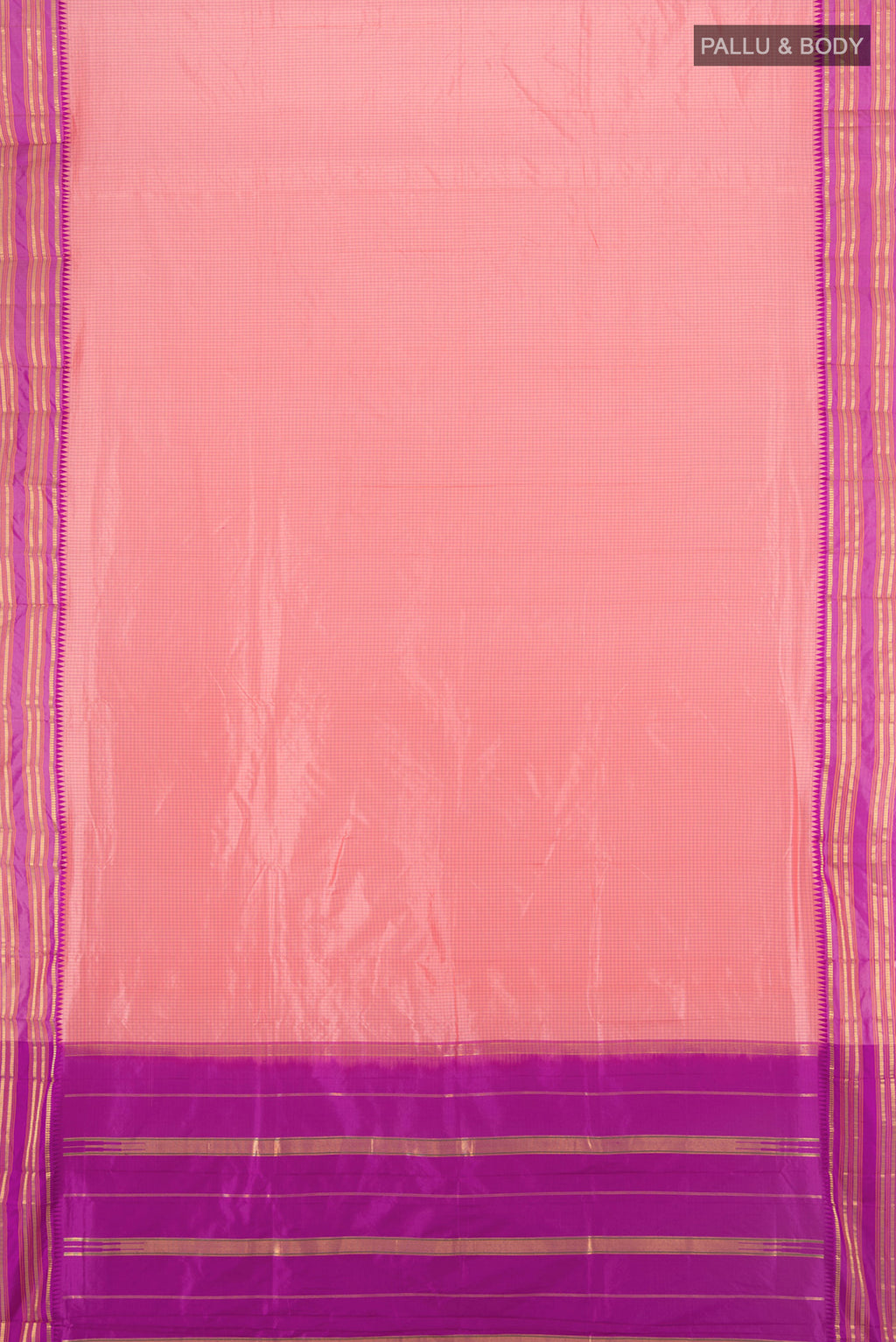 Flat view of Rose pink Narayanpet Silk Saree with Checked design on the body and Zari Border. 