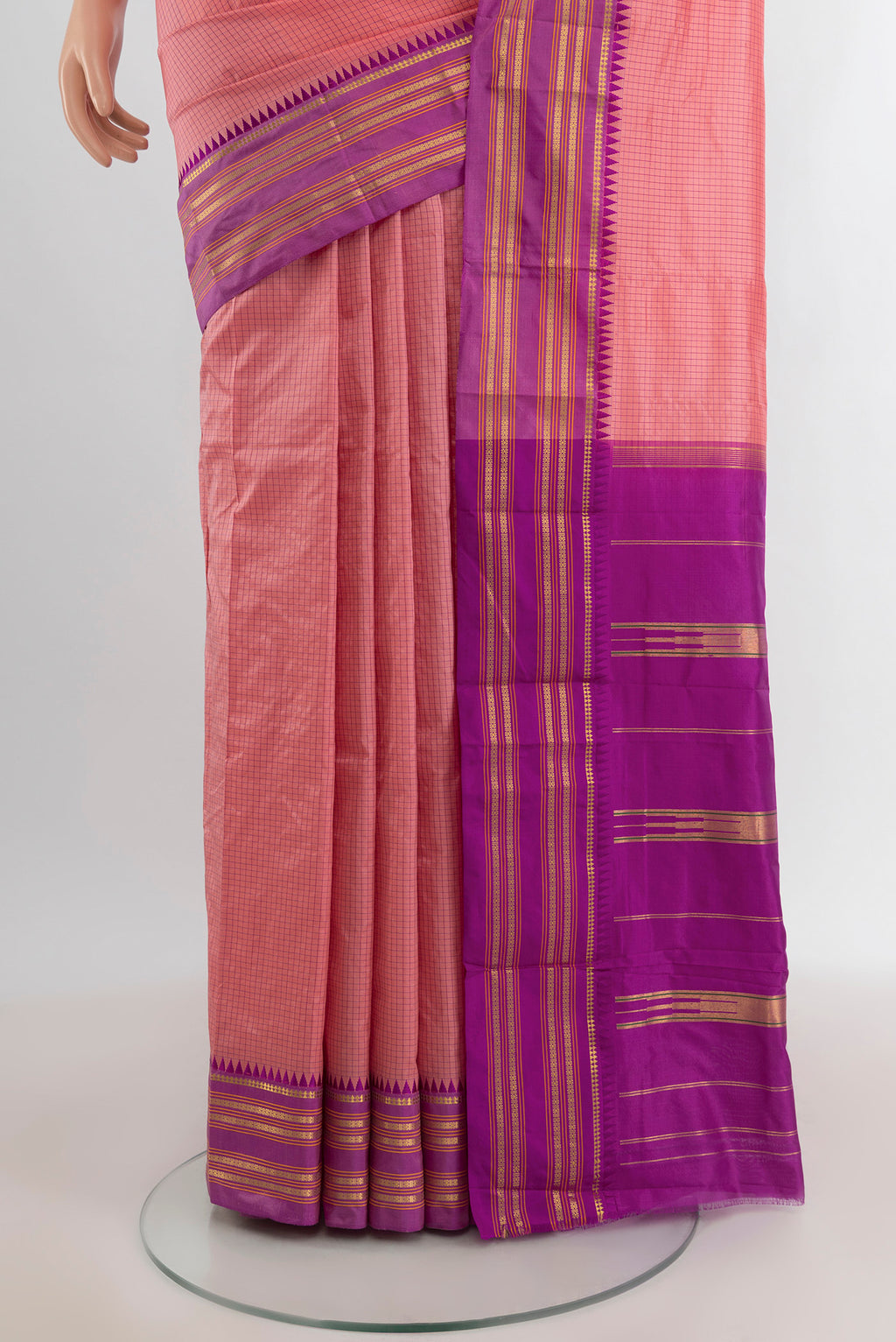 Pleats and pallu of Rose pink Narayanpet Silk Saree with Checked design on the body and Zari Border. 