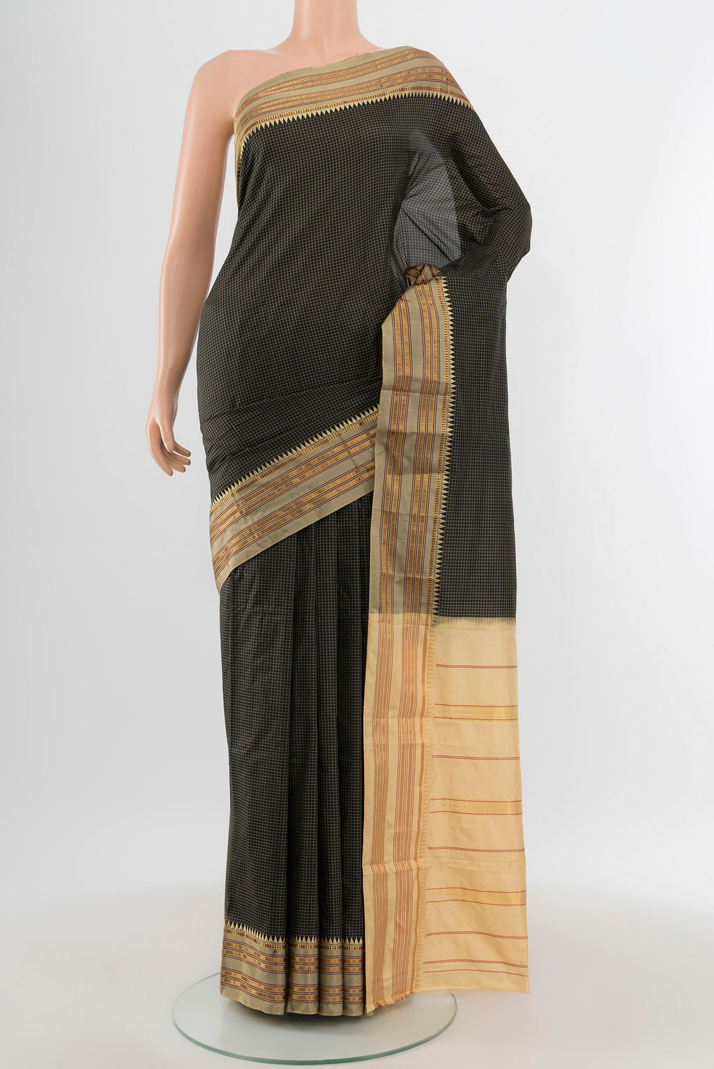 Black Narayanpet Silk Saree with Checked design on the body and Zari Border.  displayed on a mannequin