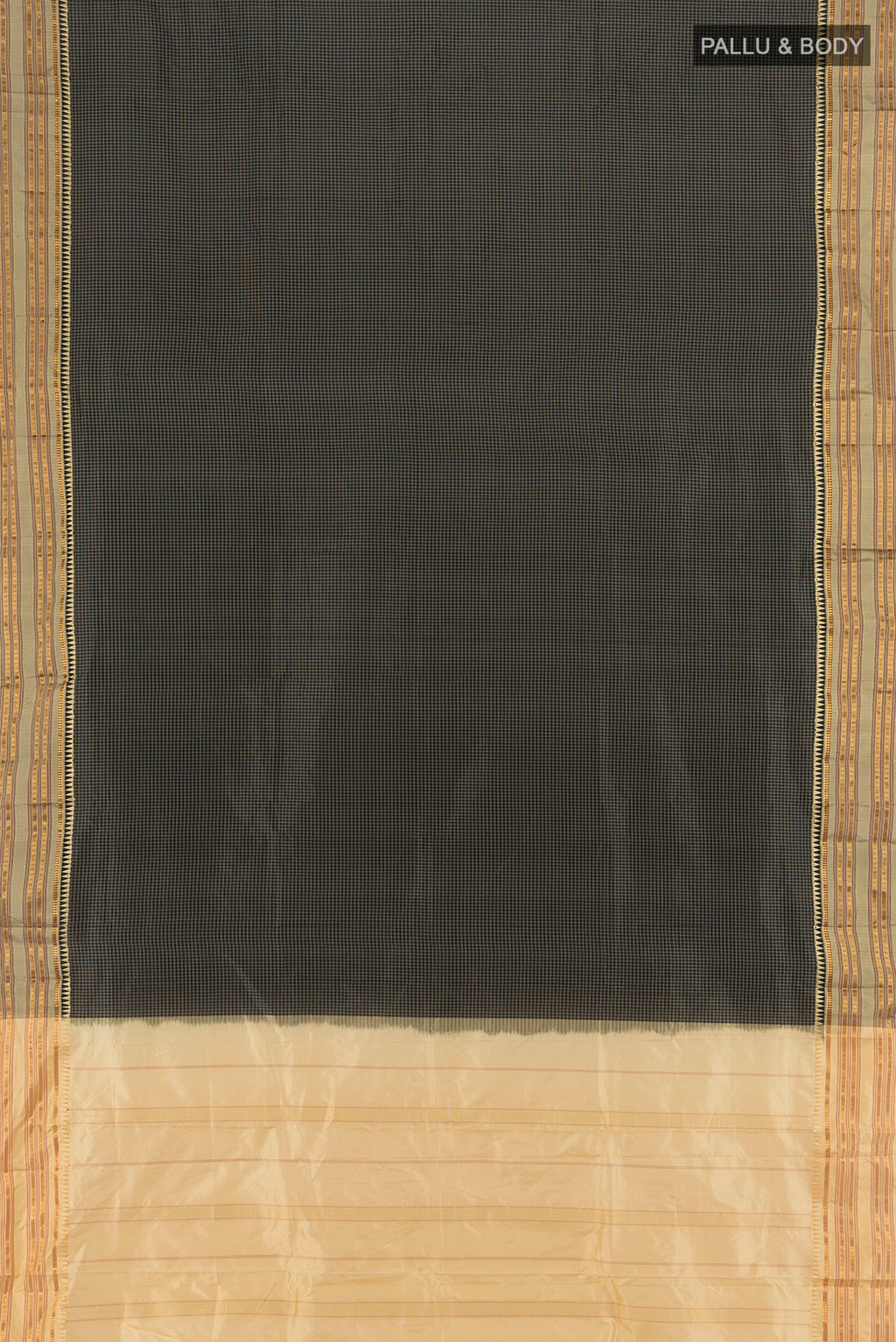 Flat view of Black Narayanpet Silk Saree with Checked design on the body and Zari Border. 