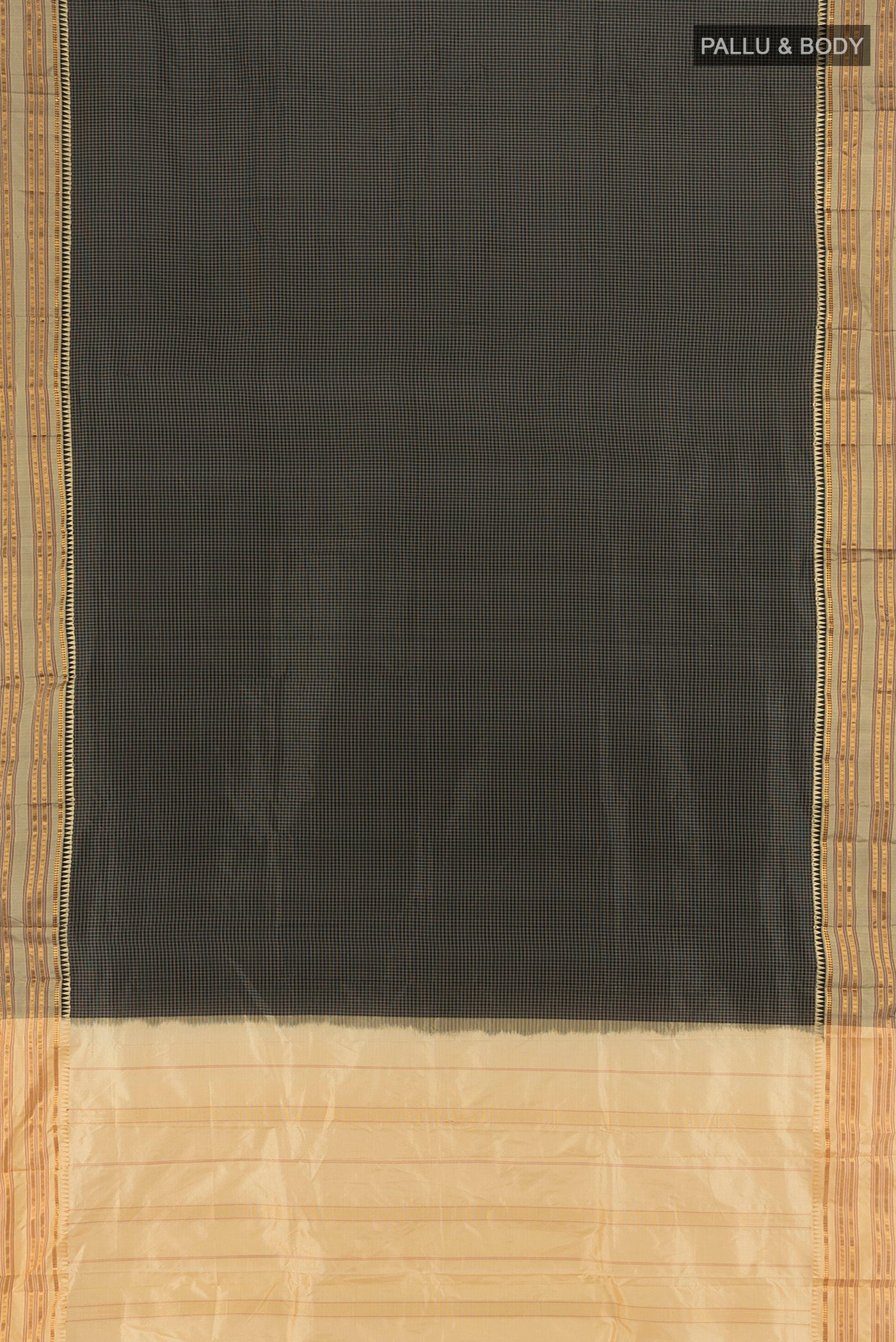 Flat view of Black Narayanpet Silk Saree with Checked design on the body and Zari Border. 